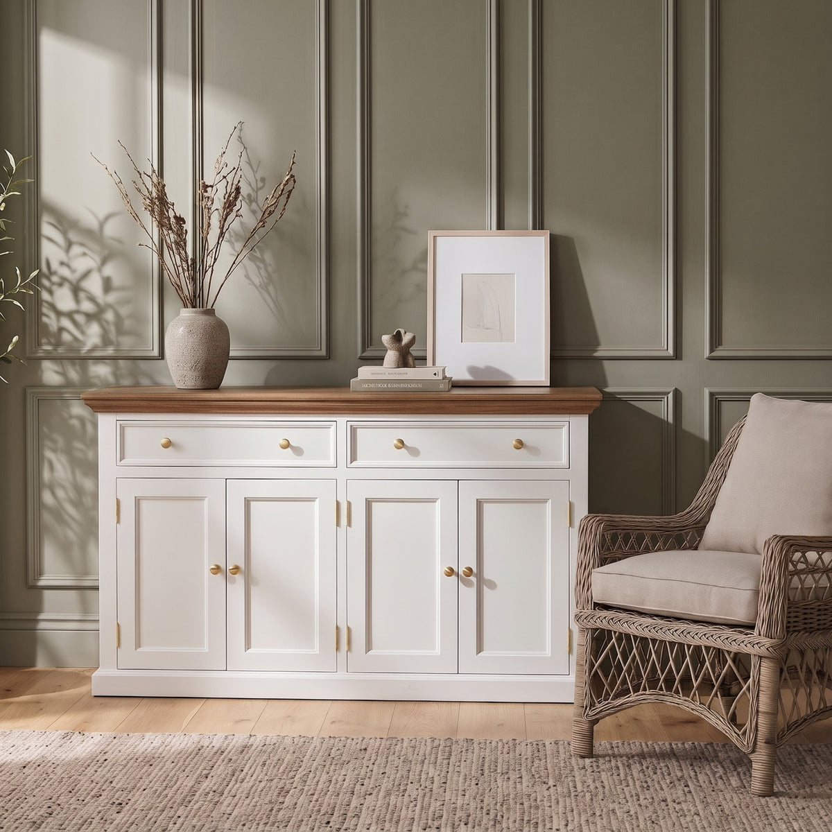 NovaSolo Corfu Buffet with 4 Doors, Classic White & Medium Brown, styled in a room