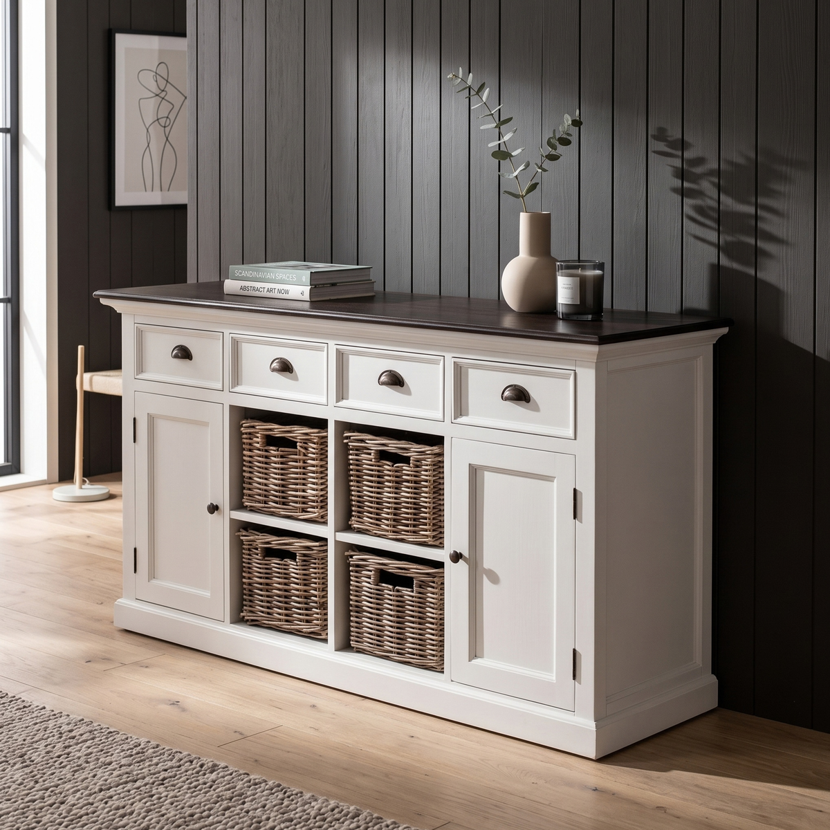 NovaSolo Halifax Contrast Buffet with 4 Baskets 63 in, Classic White & Black, styled in a room
