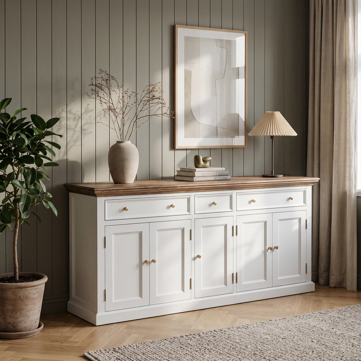 NovaSolo Corfu Large Buffet with 5 Doors and 3 Drawers, Classic White & Medium Brown, styled in a room