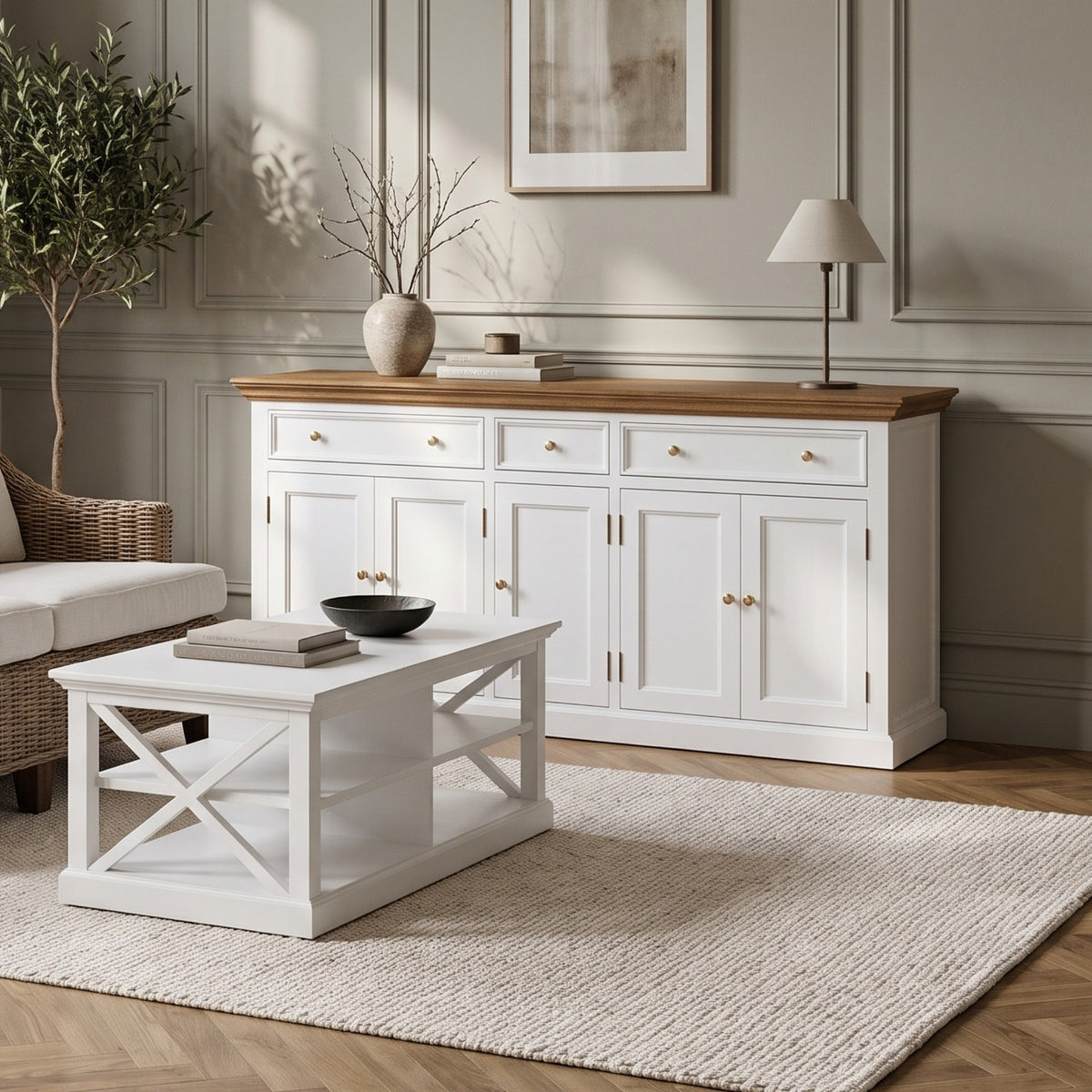 NovaSolo Corfu Large Buffet with 5 Doors and 3 Drawers, Classic White & Medium Brown, styled in a room