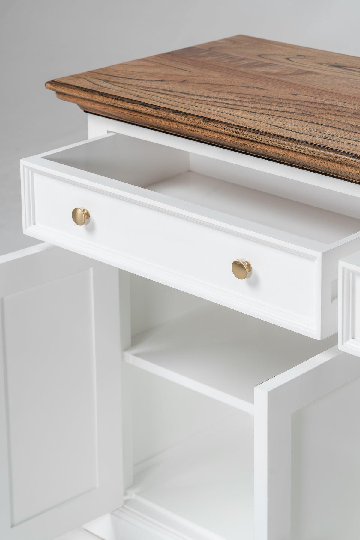 NovaSolo Corfu Large Buffet with 5 Doors and 3 Drawers, Classic White & Medium Brown, close-up detail