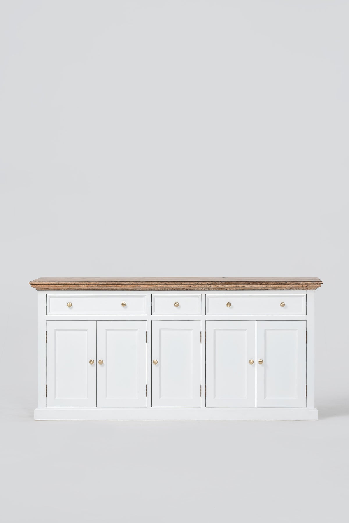 NovaSolo Corfu Large Buffet with 5 Doors and 3 Drawers, Classic White & Medium Brown, front view on a white background