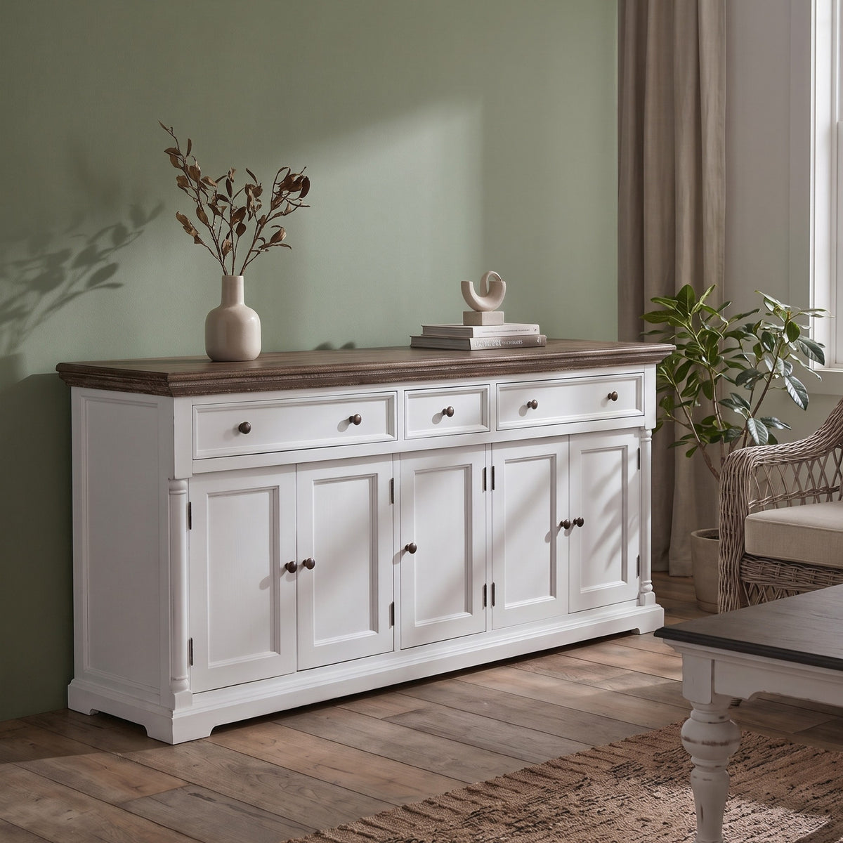 NovaSolo Corfu Provincial Buffet with 5 Doors, Classic White & Dark Brown, styled in a room