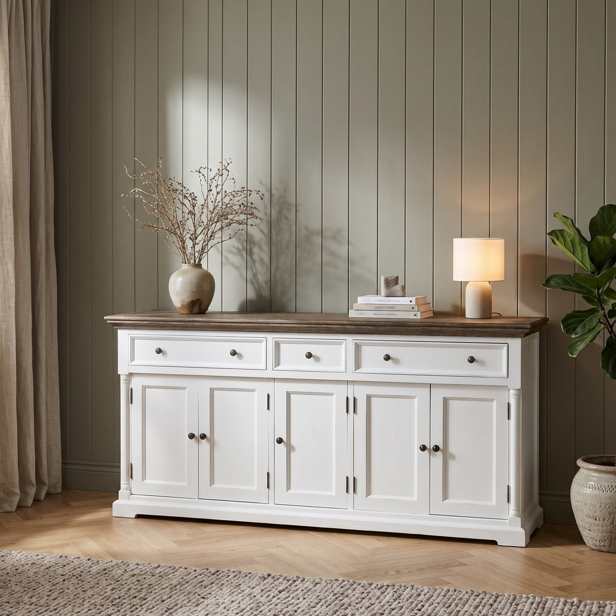 NovaSolo Corfu Provincial Buffet with 5 Doors, Classic White & Dark Brown, styled in a room