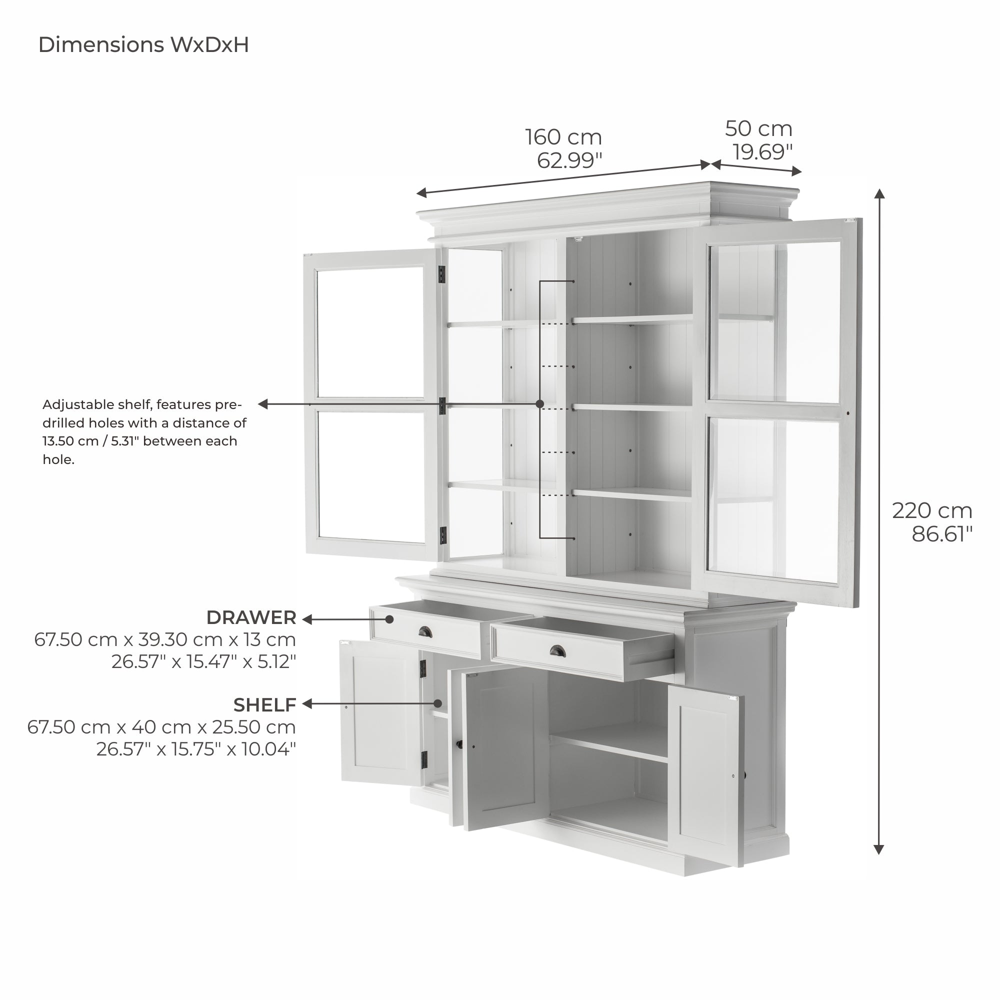 Halifax Glass-Display Hutch Cabinet with Adjustable Shelves