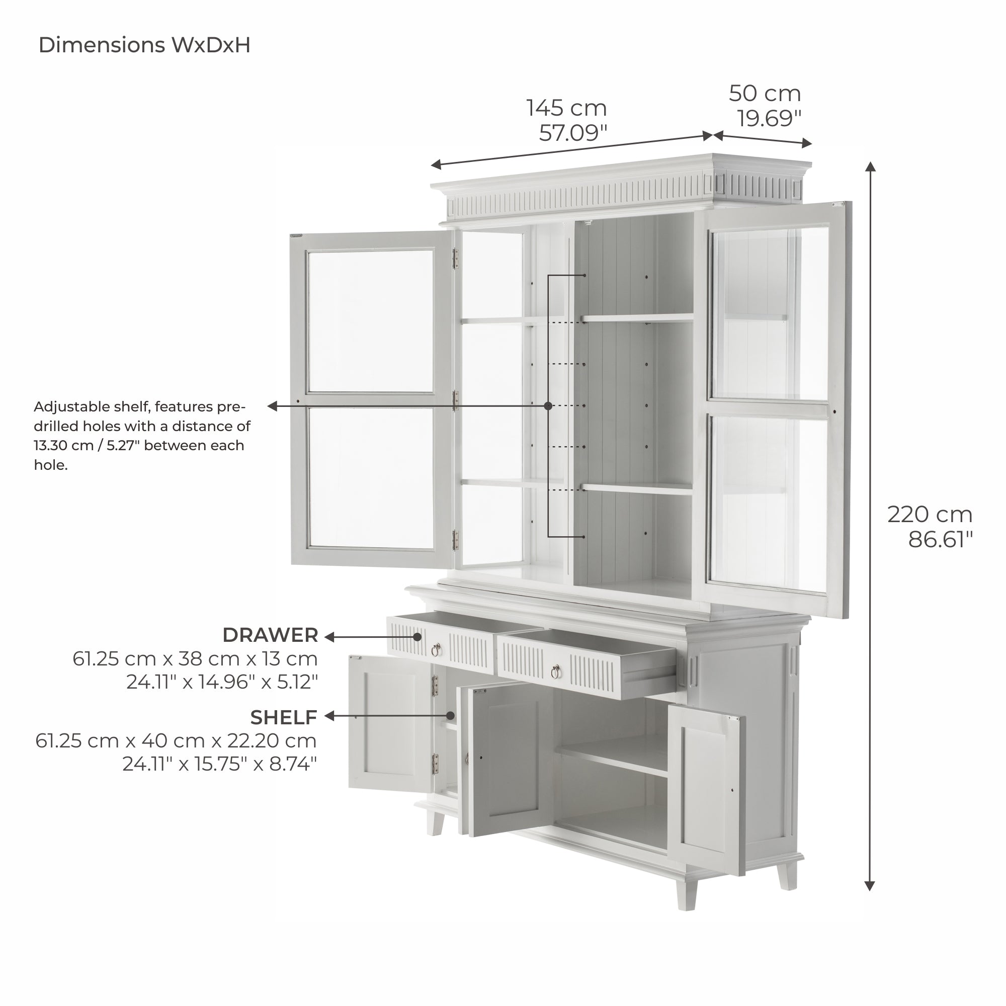 Skansen Glass-Display Hutch Cabinet with Adjustable Shelves 58''