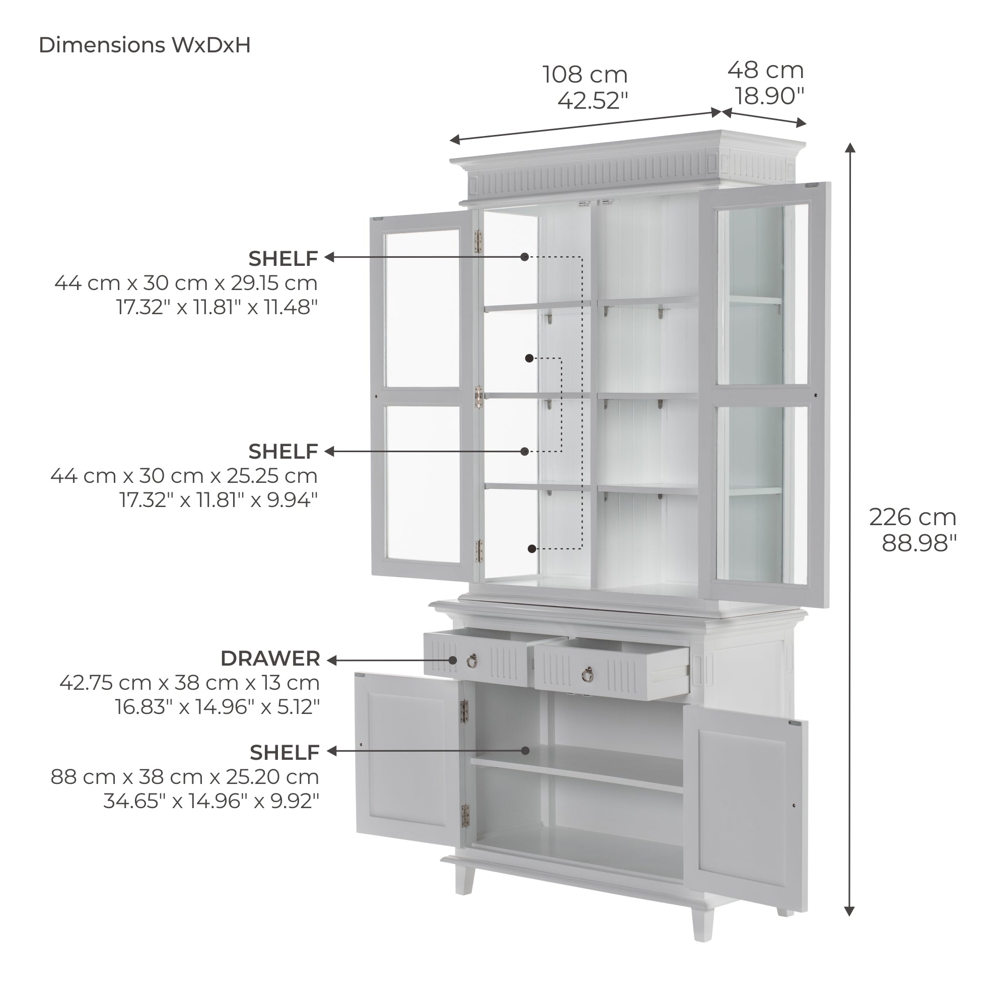 Skansen Glass-Display Hutch Unit with 4 Doors and 2 Drawers