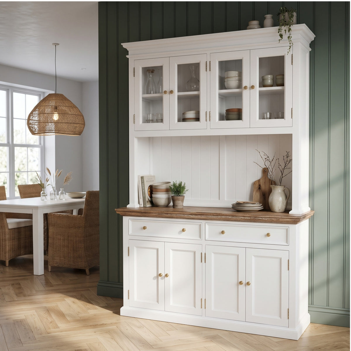 NovaSolo Corfu Hutch Unit with 4 Glass Doors and 2 Drawers, Classic White & Medium Brown, styled in a room