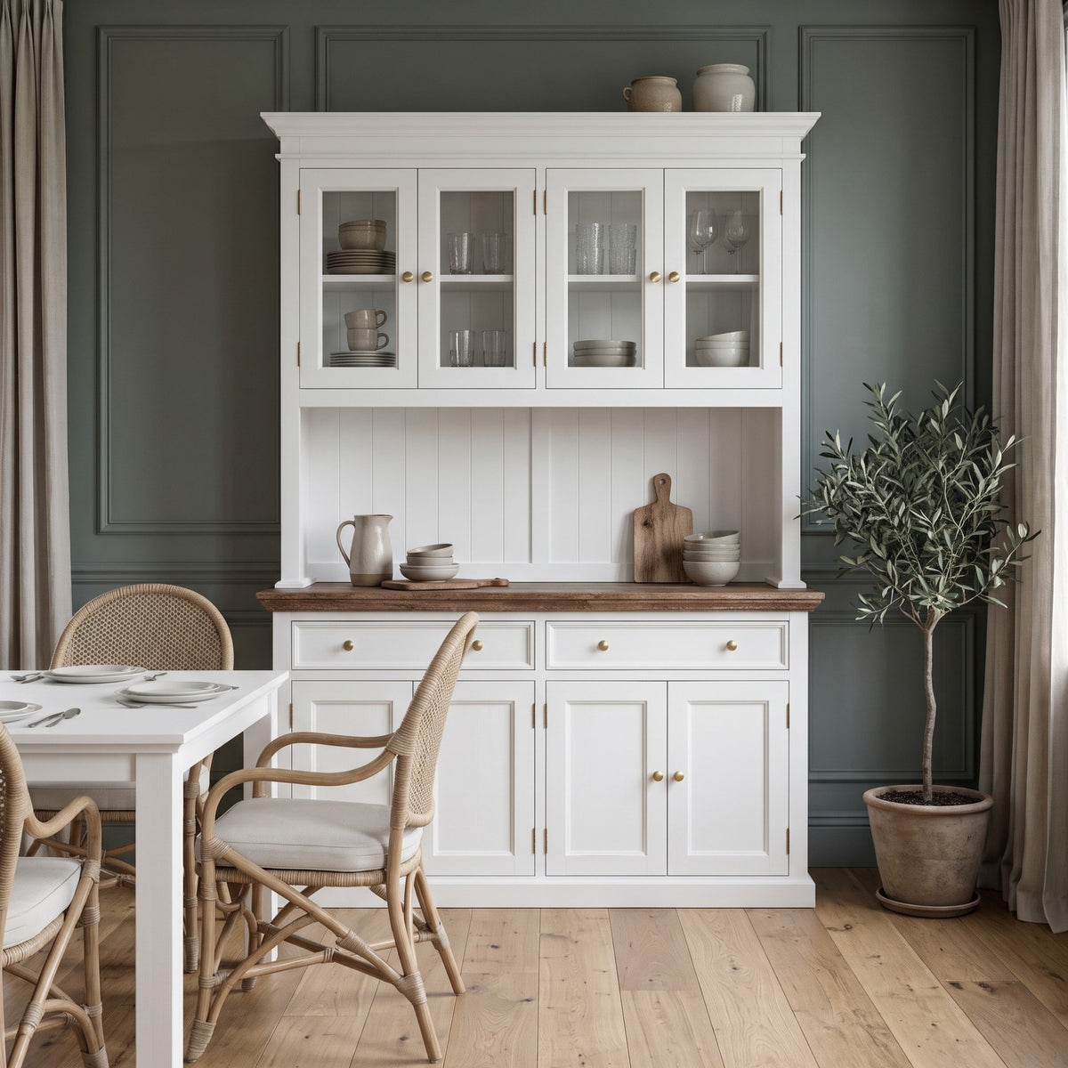NovaSolo Corfu Hutch Unit with 4 Glass Doors and 2 Drawers, Classic White & Medium Brown, styled in a room