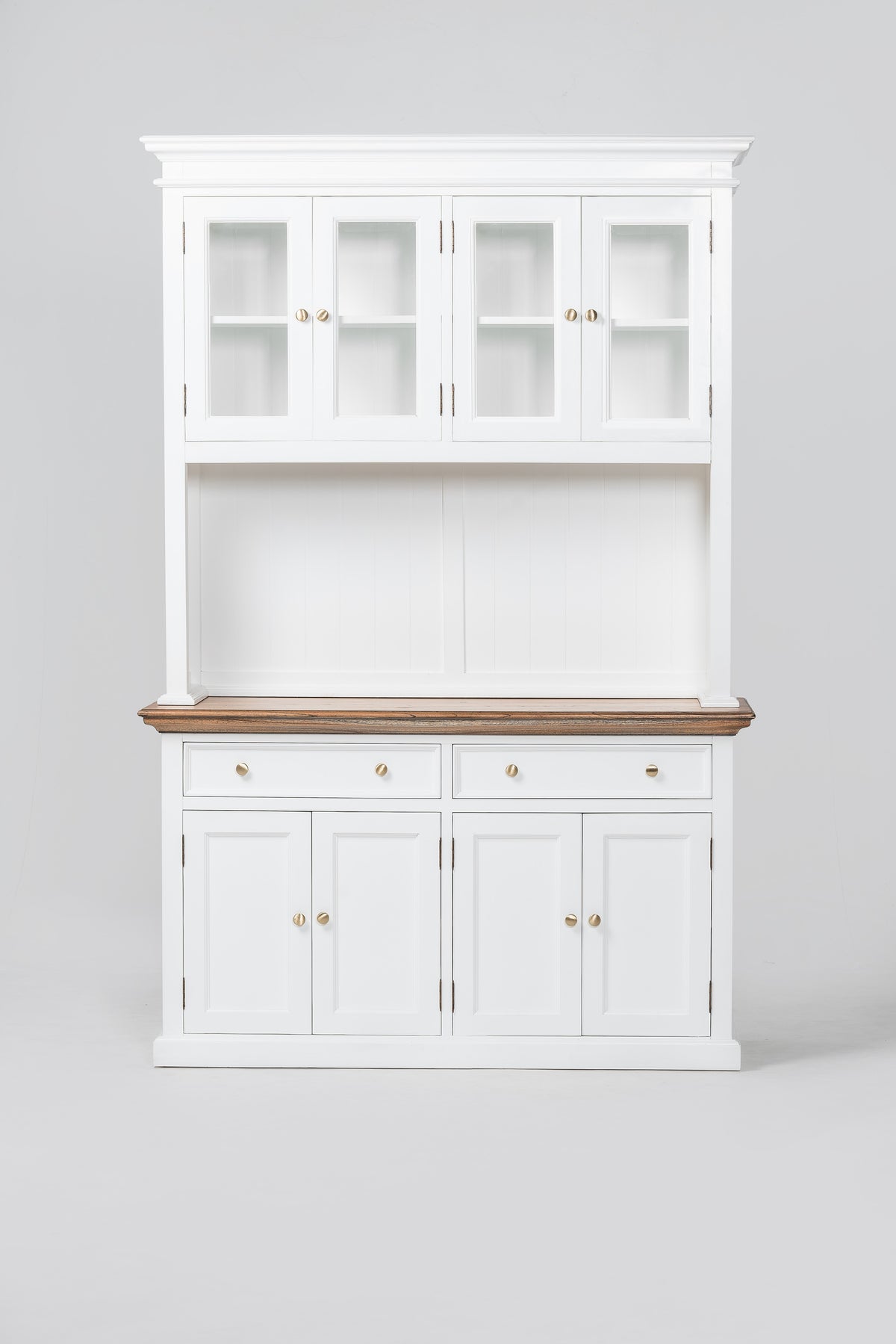 NovaSolo Corfu Hutch Unit with 4 Glass Doors and 2 Drawers, Classic White & Medium Brown, front view on a white background