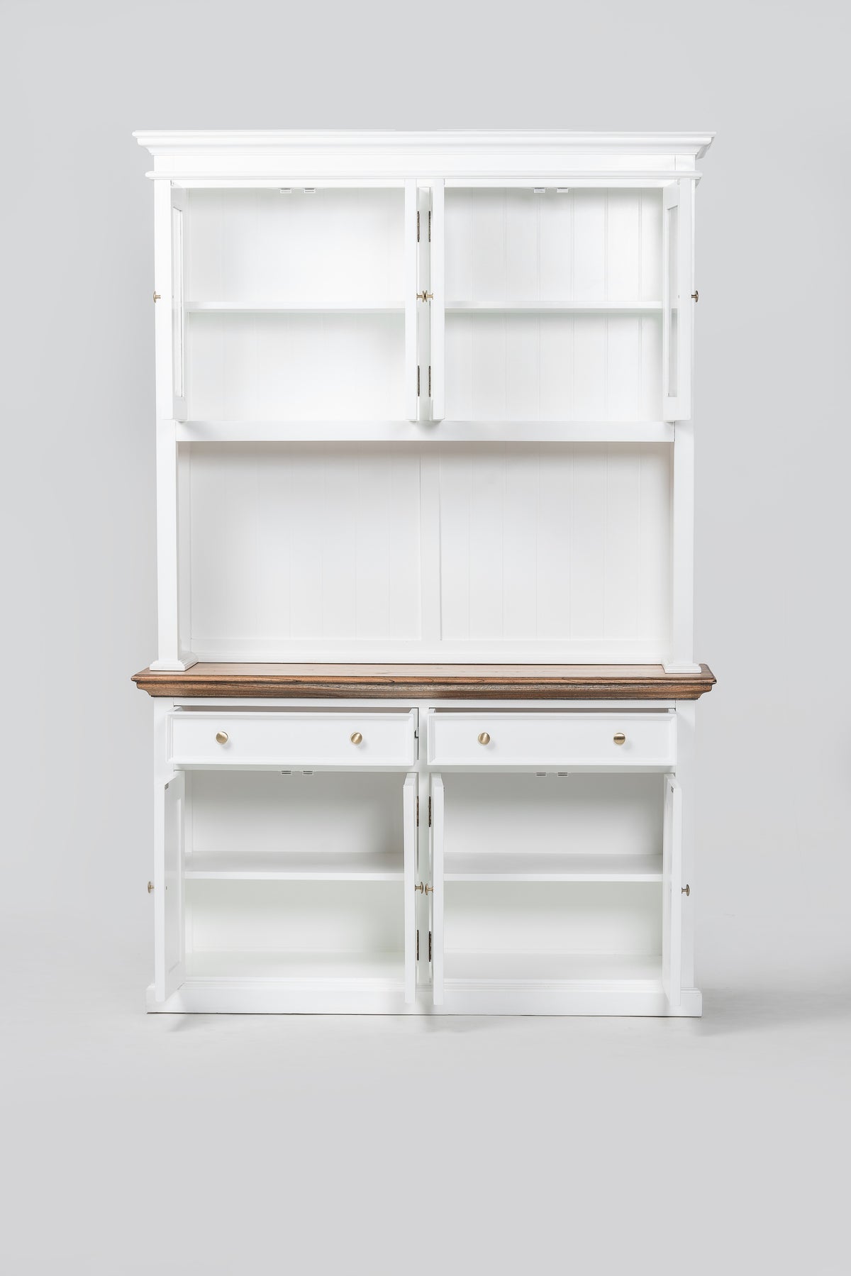 NovaSolo Corfu Hutch Unit with 4 Glass Doors and 2 Drawers, Classic White & Medium Brown, studio view