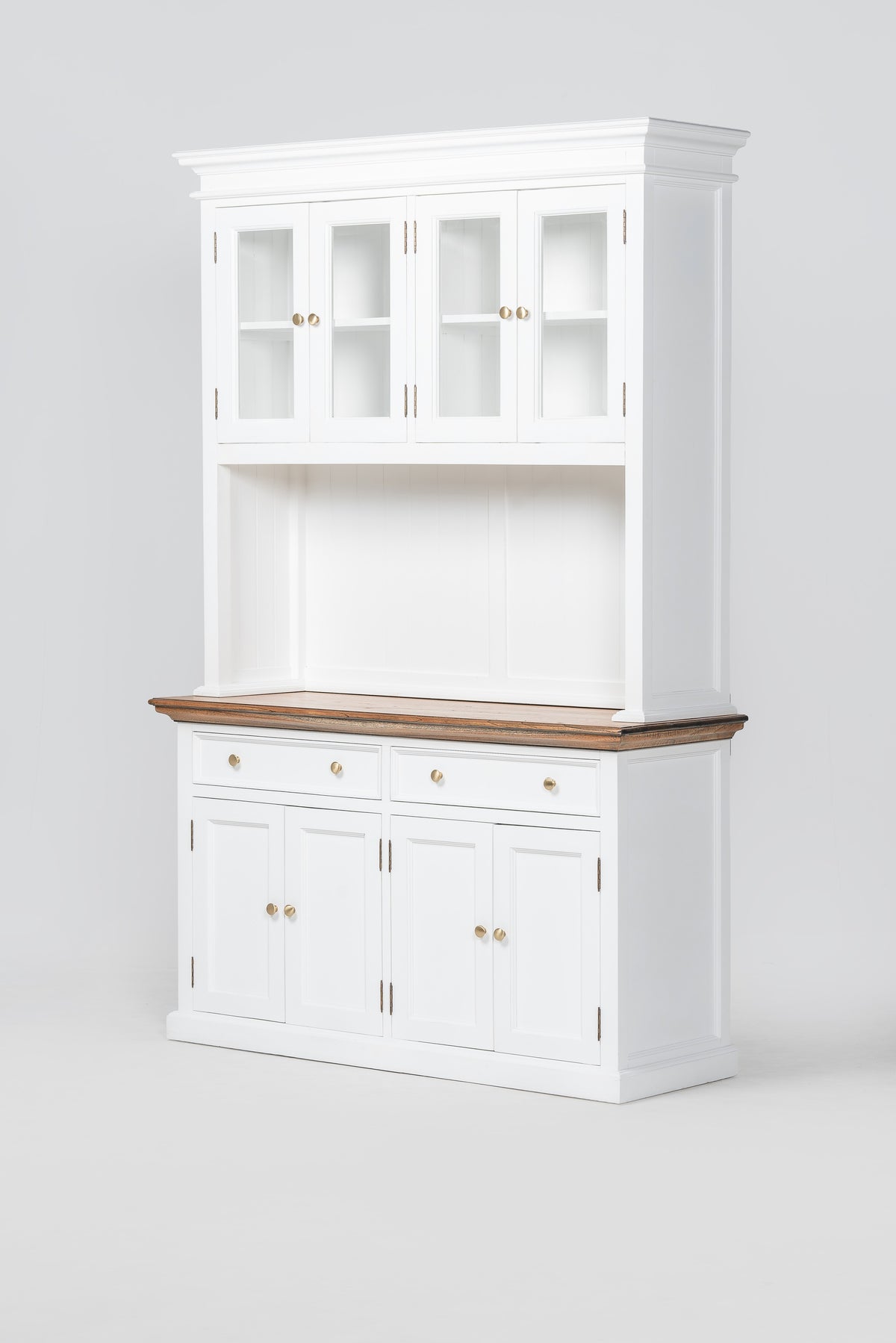 NovaSolo Corfu Hutch Unit with 4 Glass Doors and 2 Drawers, Classic White & Medium Brown, studio view