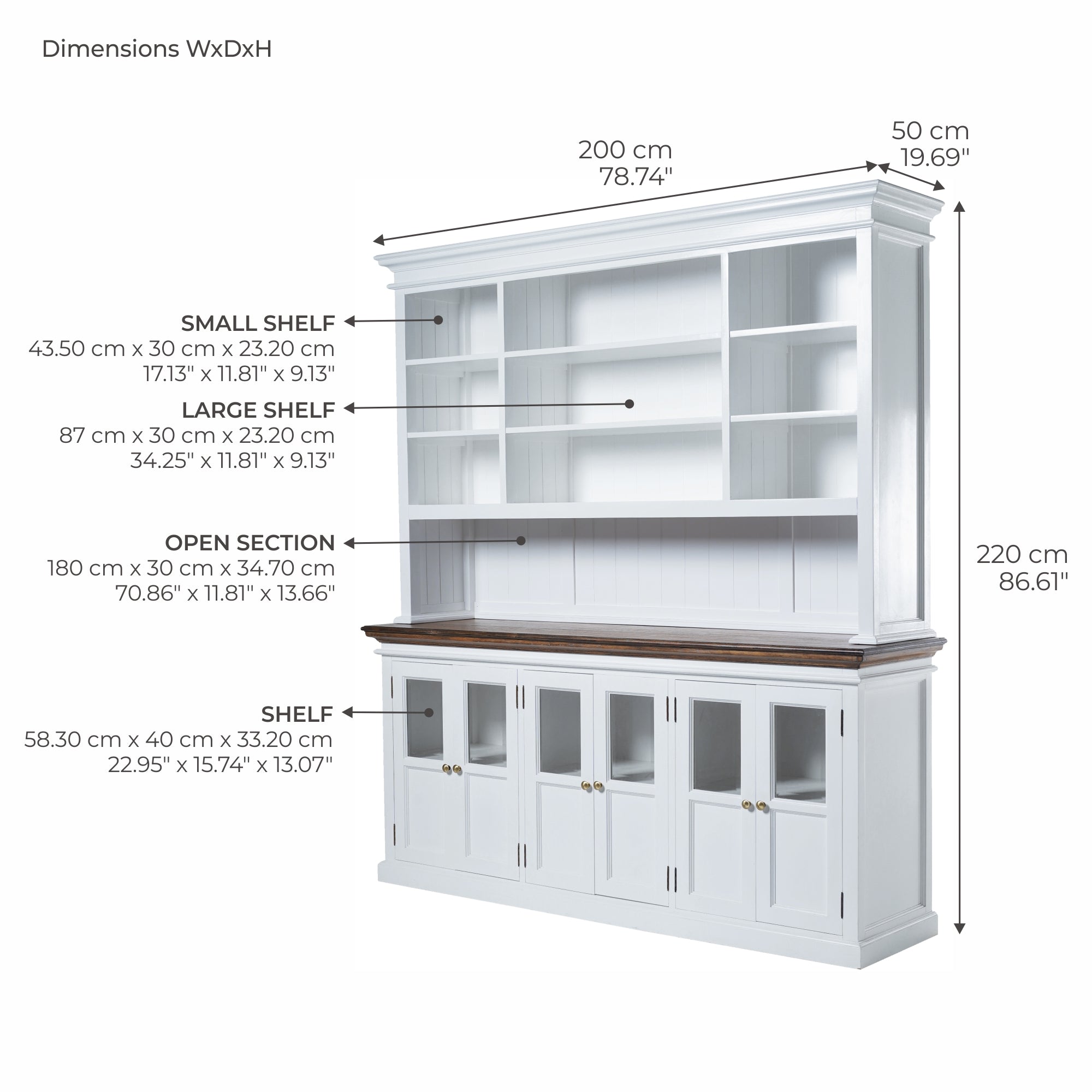 Corfu Large Hutch Bookcase Unit with 6 Glass Doors 79''