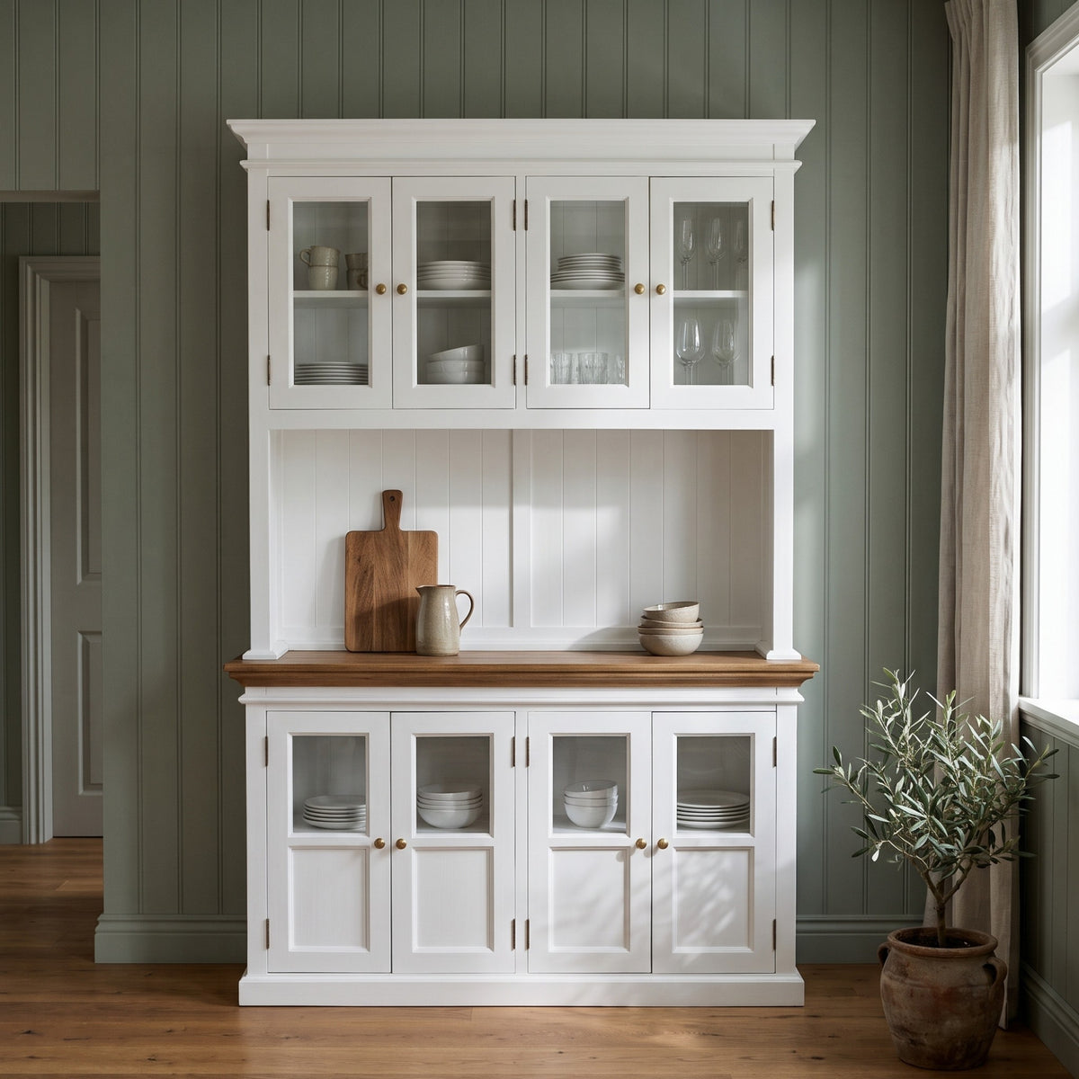NovaSolo Corfu Hutch Unit with 4 Glass Doors, Classic White & Medium Brown, styled in a room