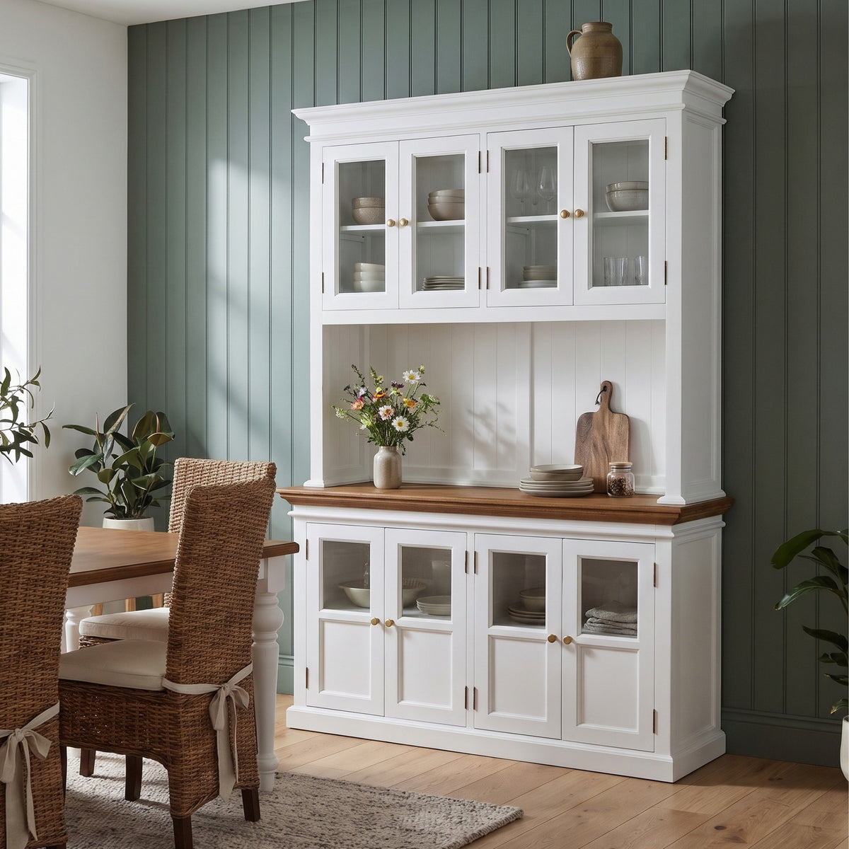 NovaSolo Corfu Hutch Unit with 4 Glass Doors, Classic White & Medium Brown, styled in a room