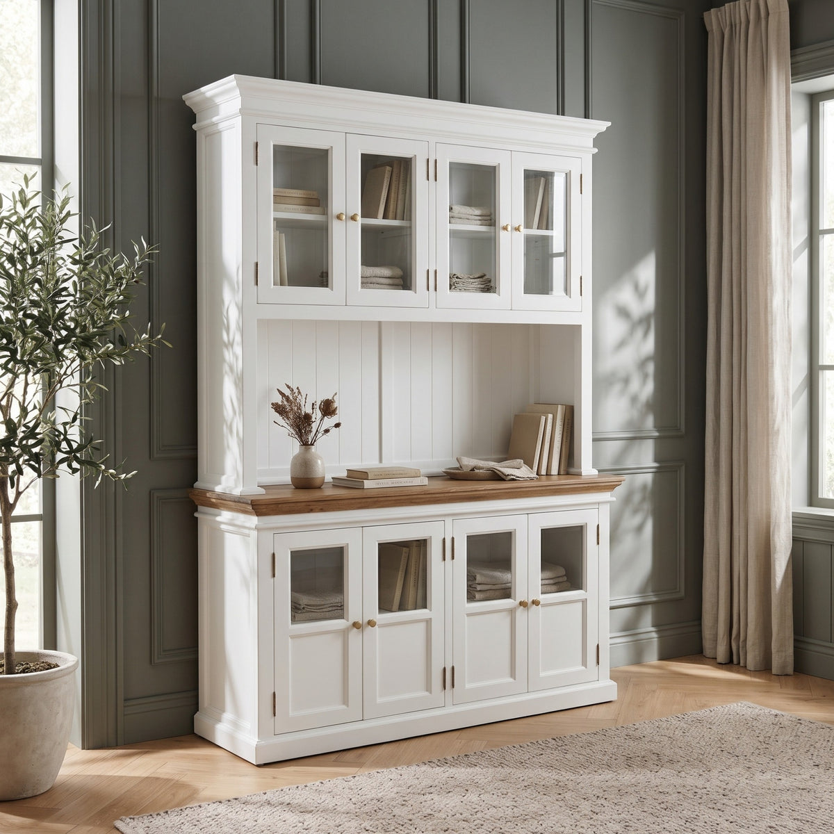 NovaSolo Corfu Hutch Unit with 4 Glass Doors, Classic White & Medium Brown, styled in a room