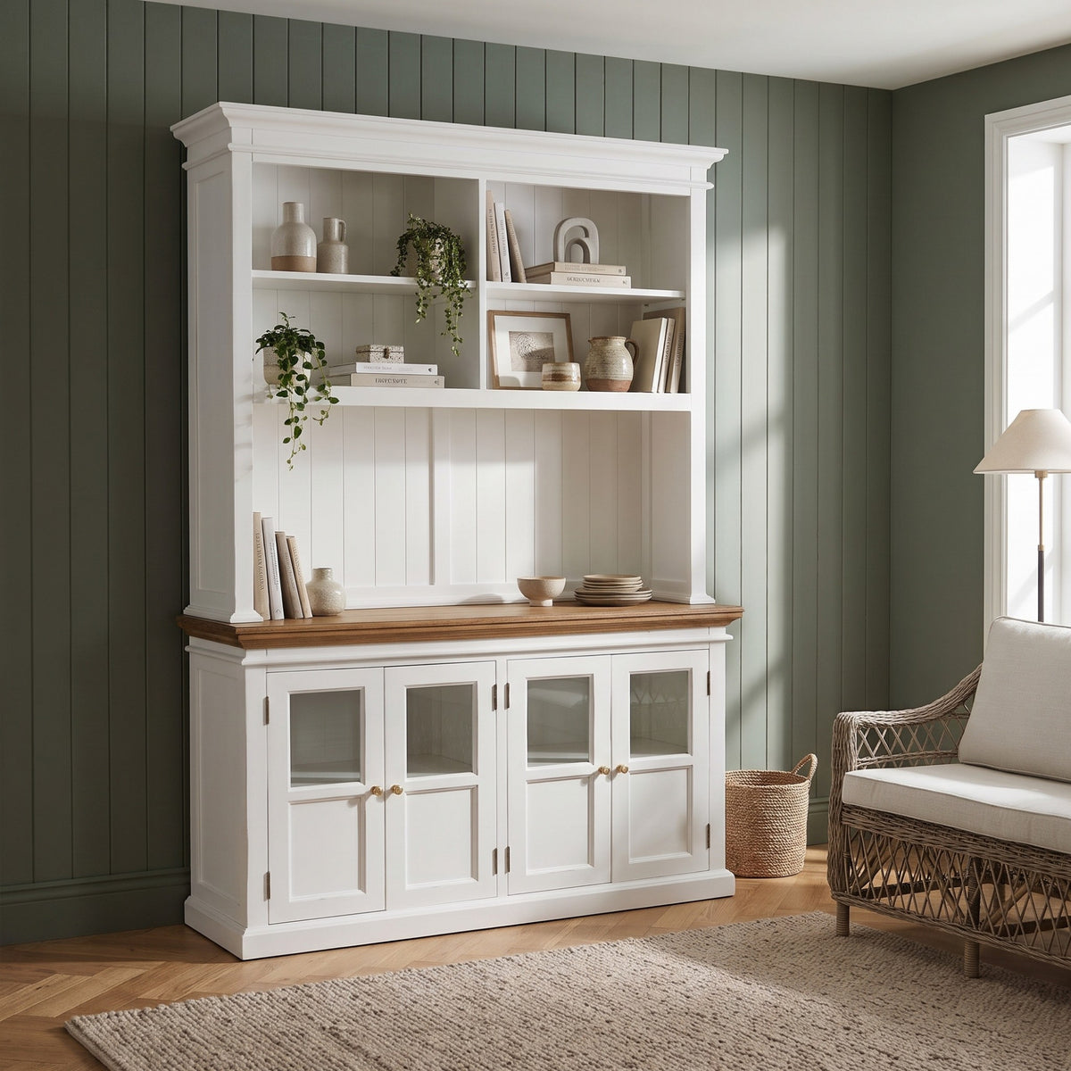 NovaSolo Corfu Hutch Unit with 4 Glass Doors, Classic White & Medium Brown, styled in a room