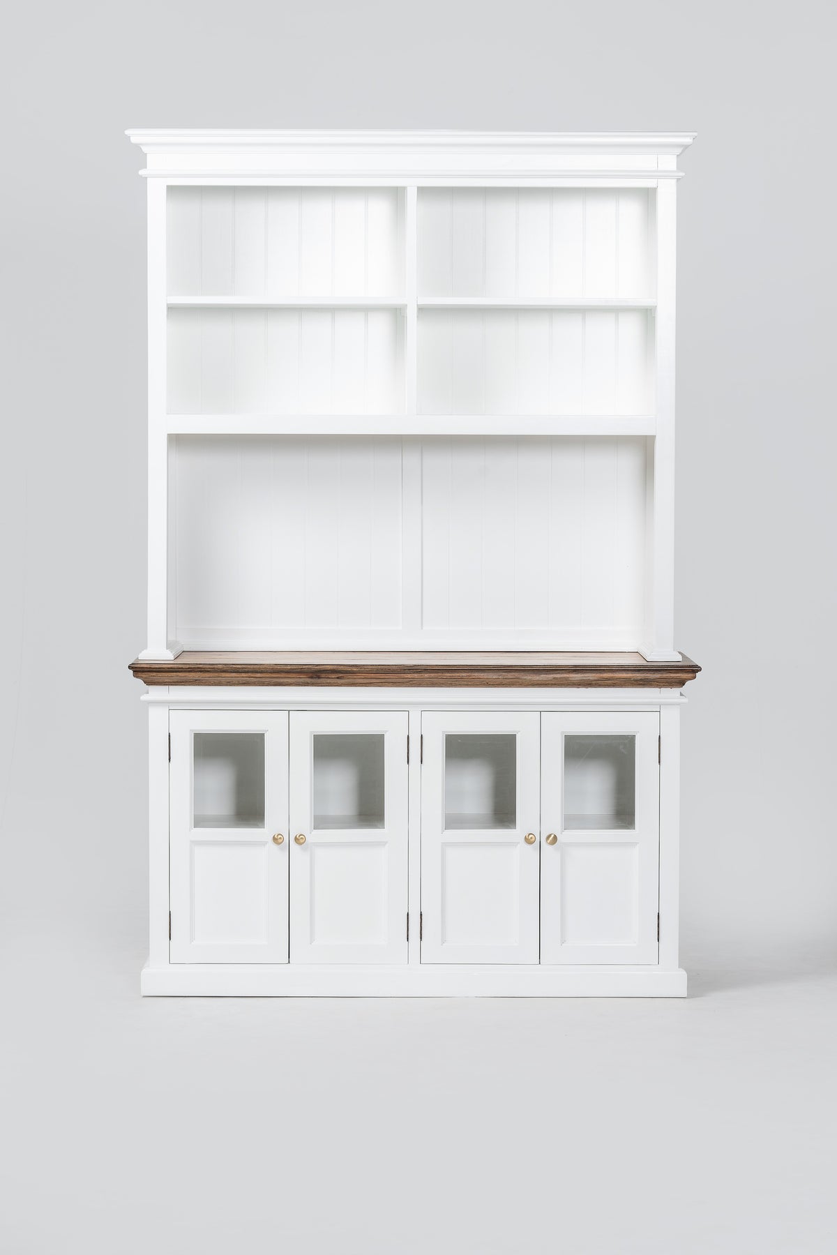 NovaSolo Corfu Hutch Unit with 4 Glass Doors, Classic White & Medium Brown, front view on a white background