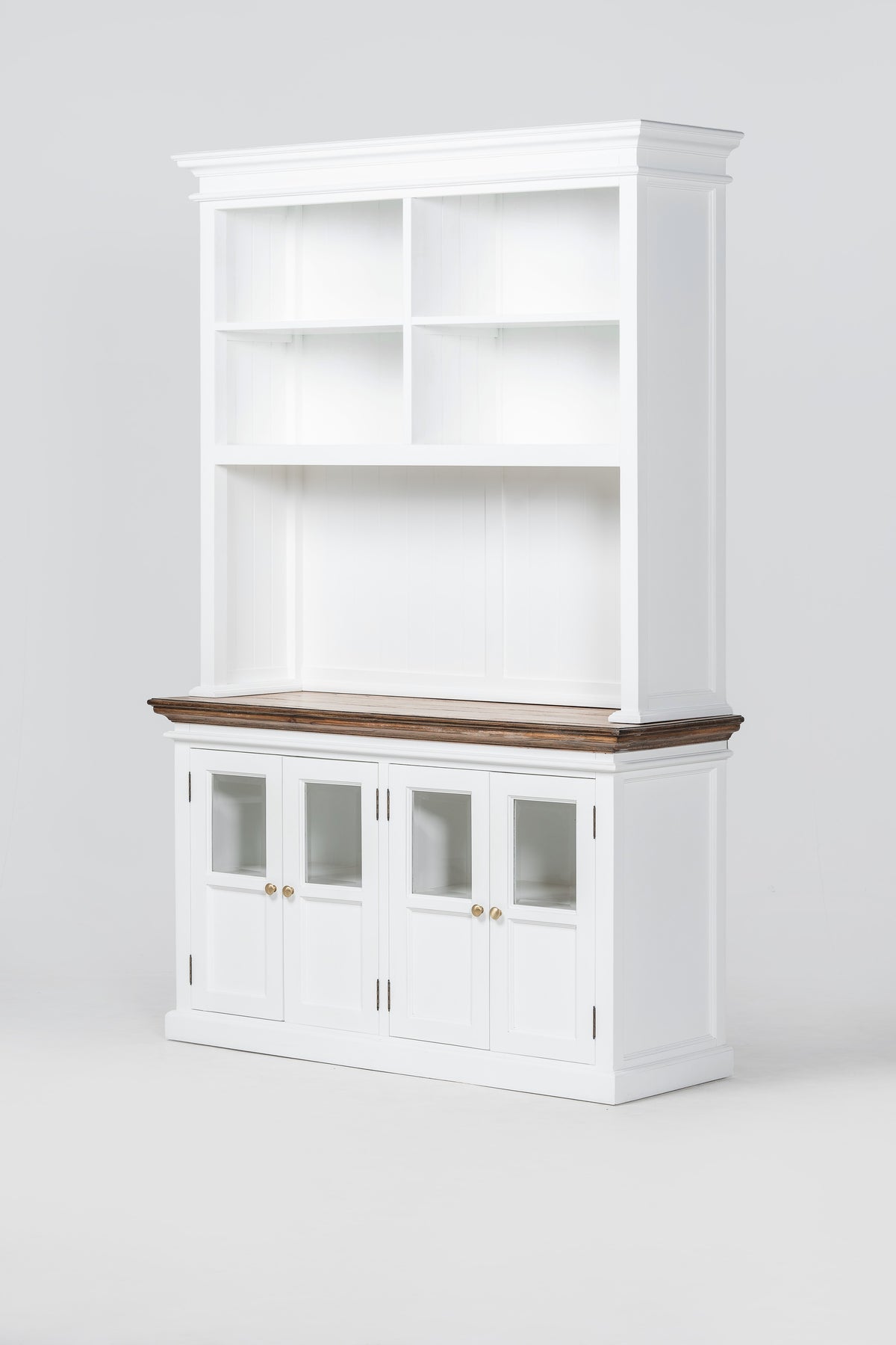 NovaSolo Corfu Hutch Unit with 4 Glass Doors, Classic White & Medium Brown, studio view