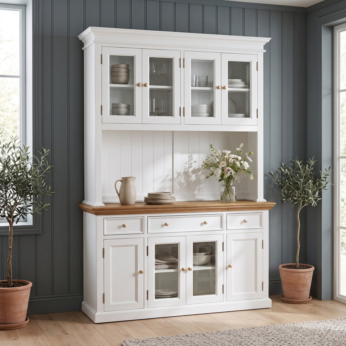 NovaSolo Corfu Hutch Unit with 4 Glass Doors and 3 Drawers, Classic White & Medium Brown, styled in a room