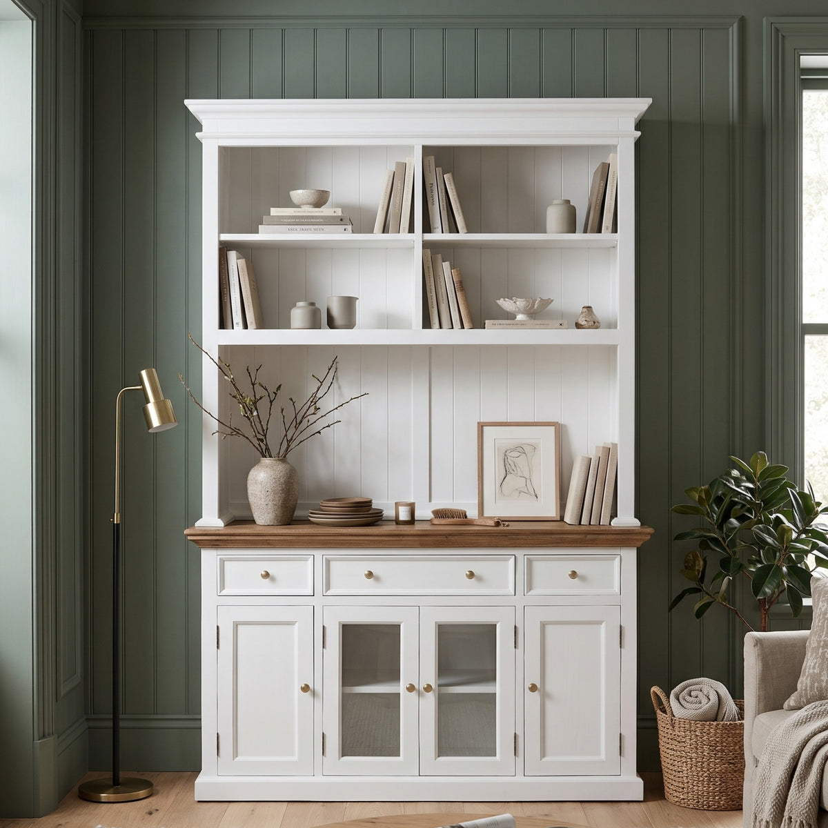 NovaSolo Corfu Hutch Unit with 2 Glass Doors, Classic White & Medium Brown, styled in a room