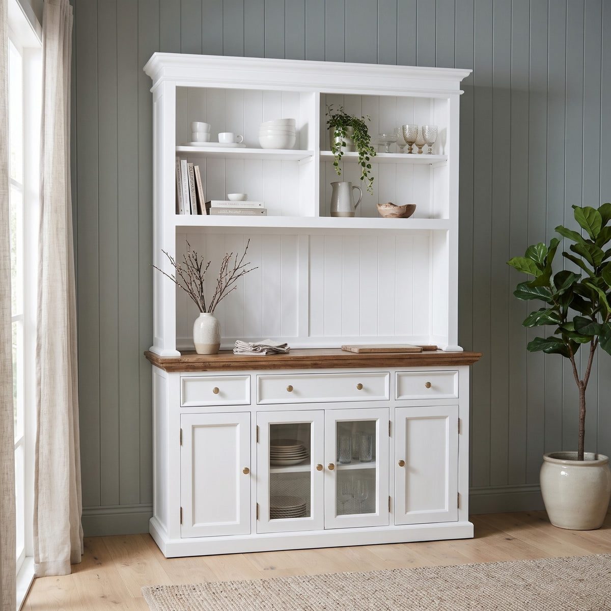 NovaSolo Corfu Hutch Unit with 2 Glass Doors, Classic White & Medium Brown, styled in a room