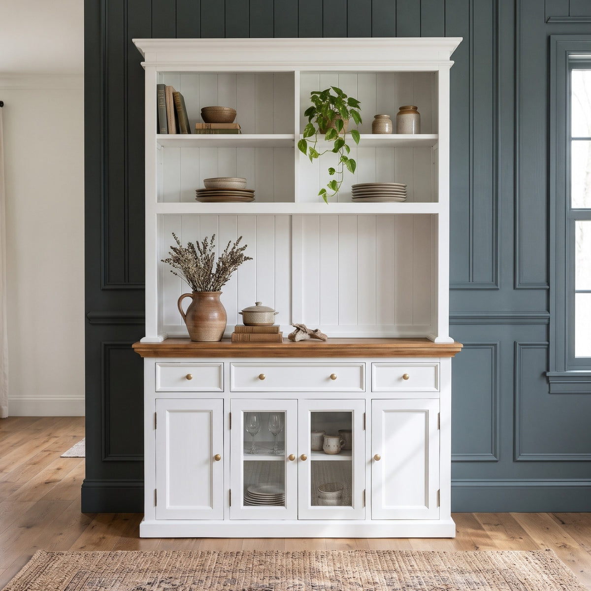 NovaSolo Corfu Hutch Unit with 2 Glass Doors, Classic White & Medium Brown, styled in a room