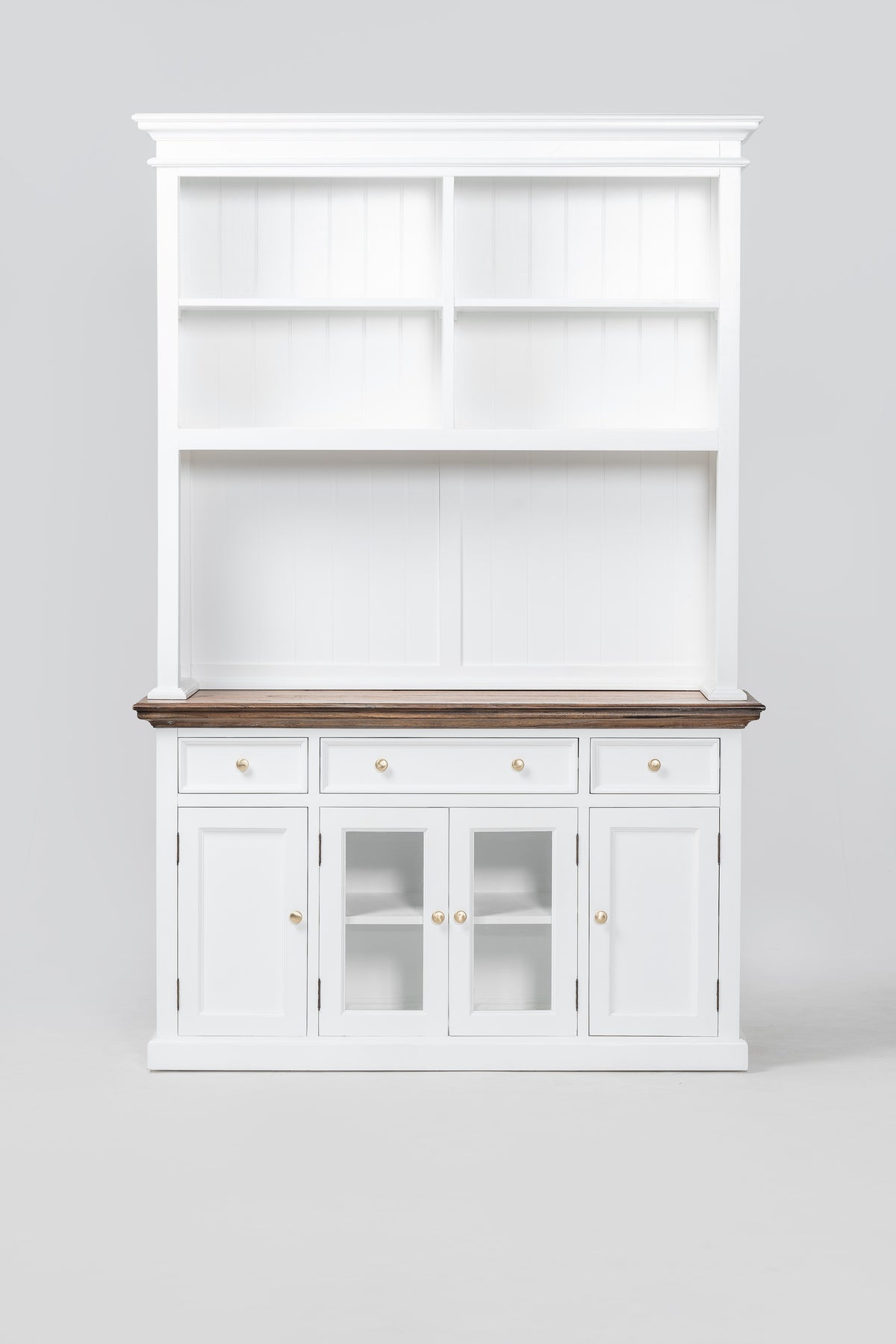 NovaSolo Corfu Hutch Unit with 2 Glass Doors, Classic White & Medium Brown, front view on a white background