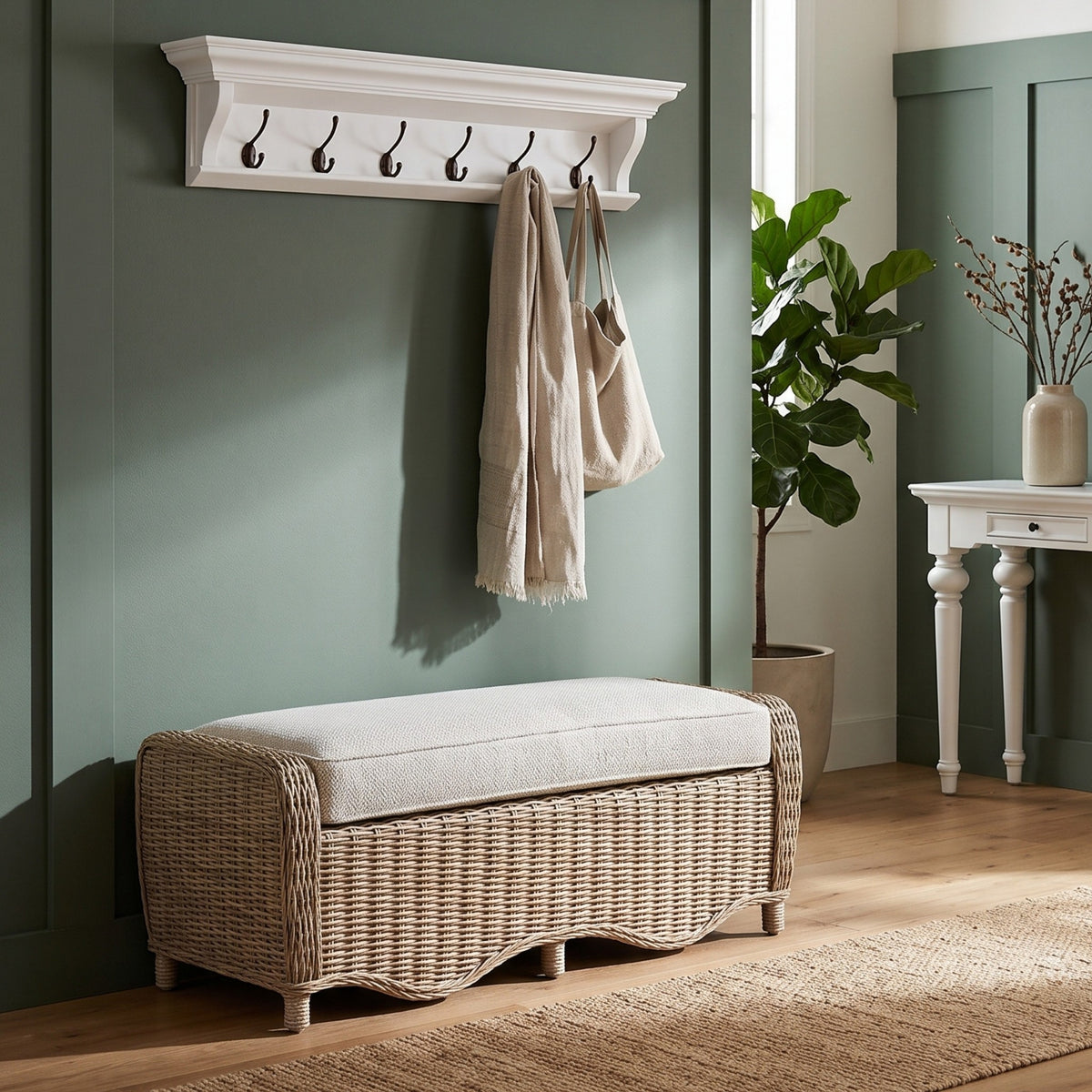 NovaSolo Wickerworks Mistral Bench 44 in, Natural Grey, styled in a room