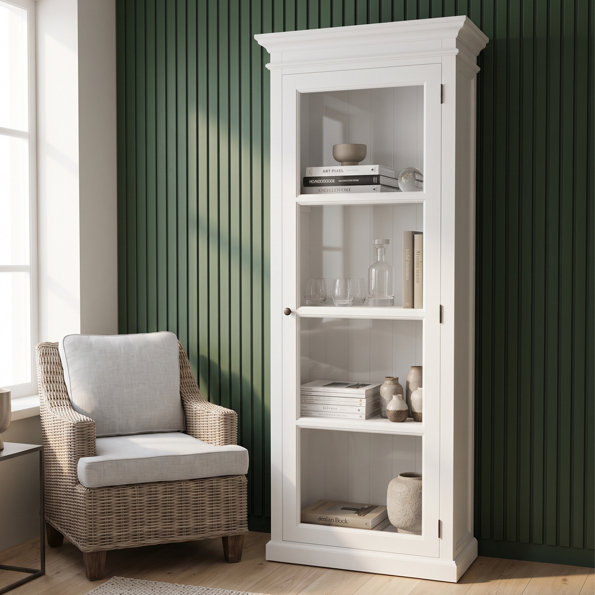 NovaSolo Halifax Single Vitrine, Classic White, styled in a room