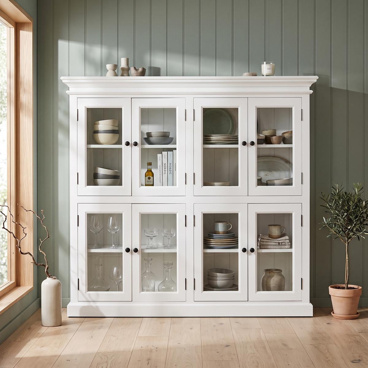 NovaSolo Halifax Pantry 8 Doors 65 in, Classic White, styled in a room