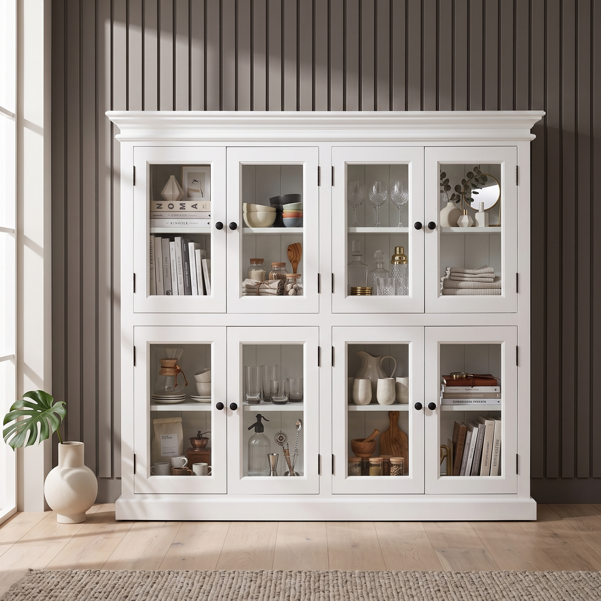NovaSolo Halifax Pantry 8 Doors 65 in, Classic White, styled in a room