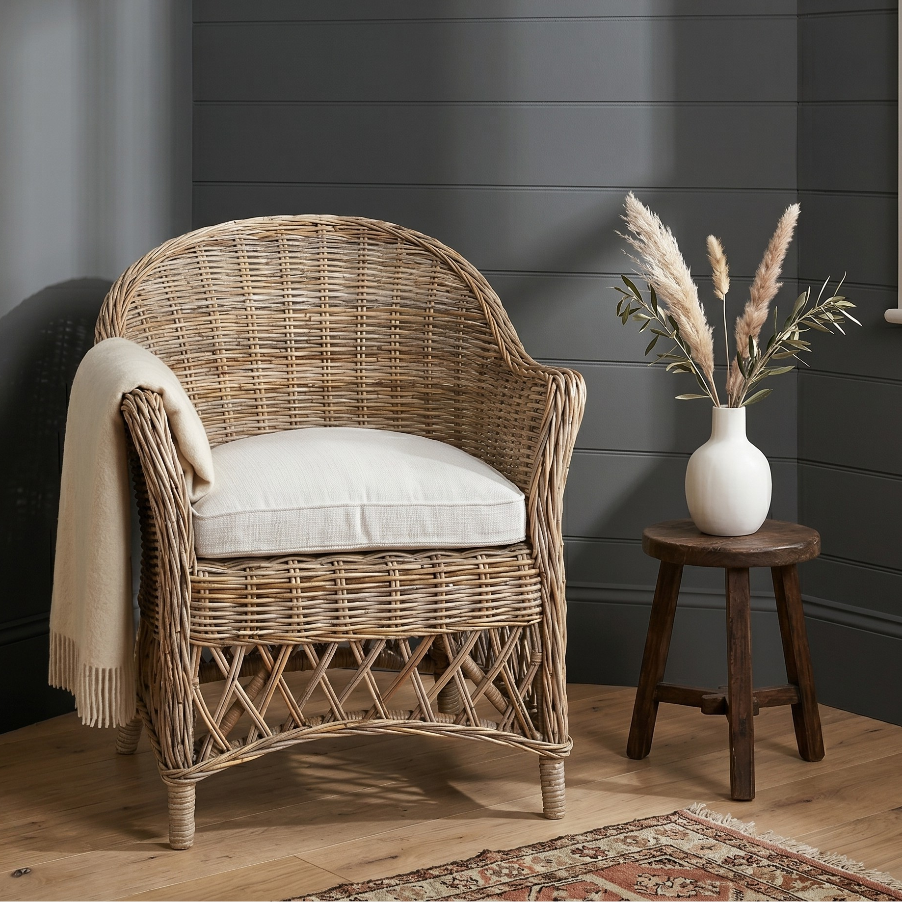 Wicker armchair with a white cushion and beige blanket in a room with dark gray walls and wooden flooring.