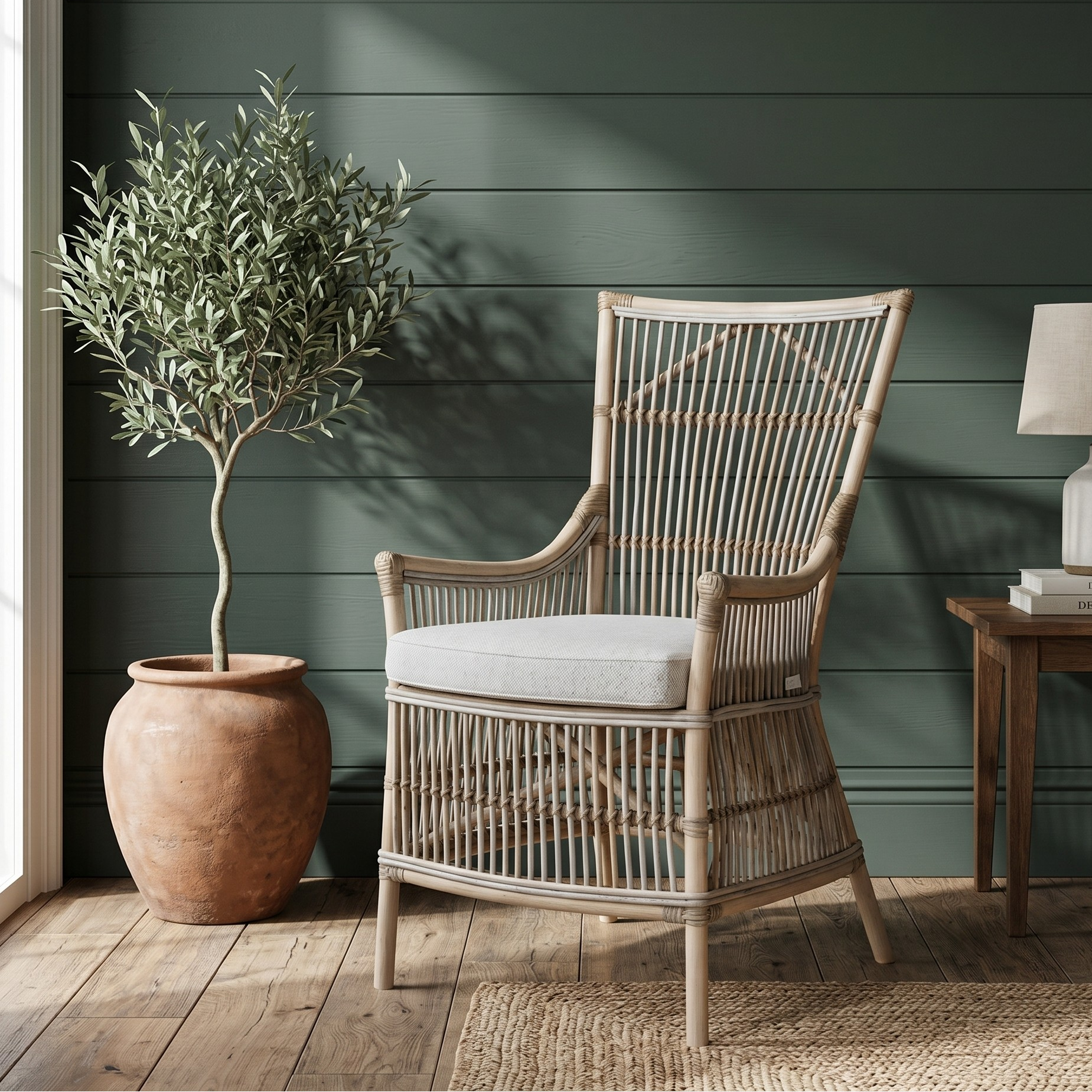 Rattan armchair with a cushion next to a potted plant and side table against a green paneled wall.