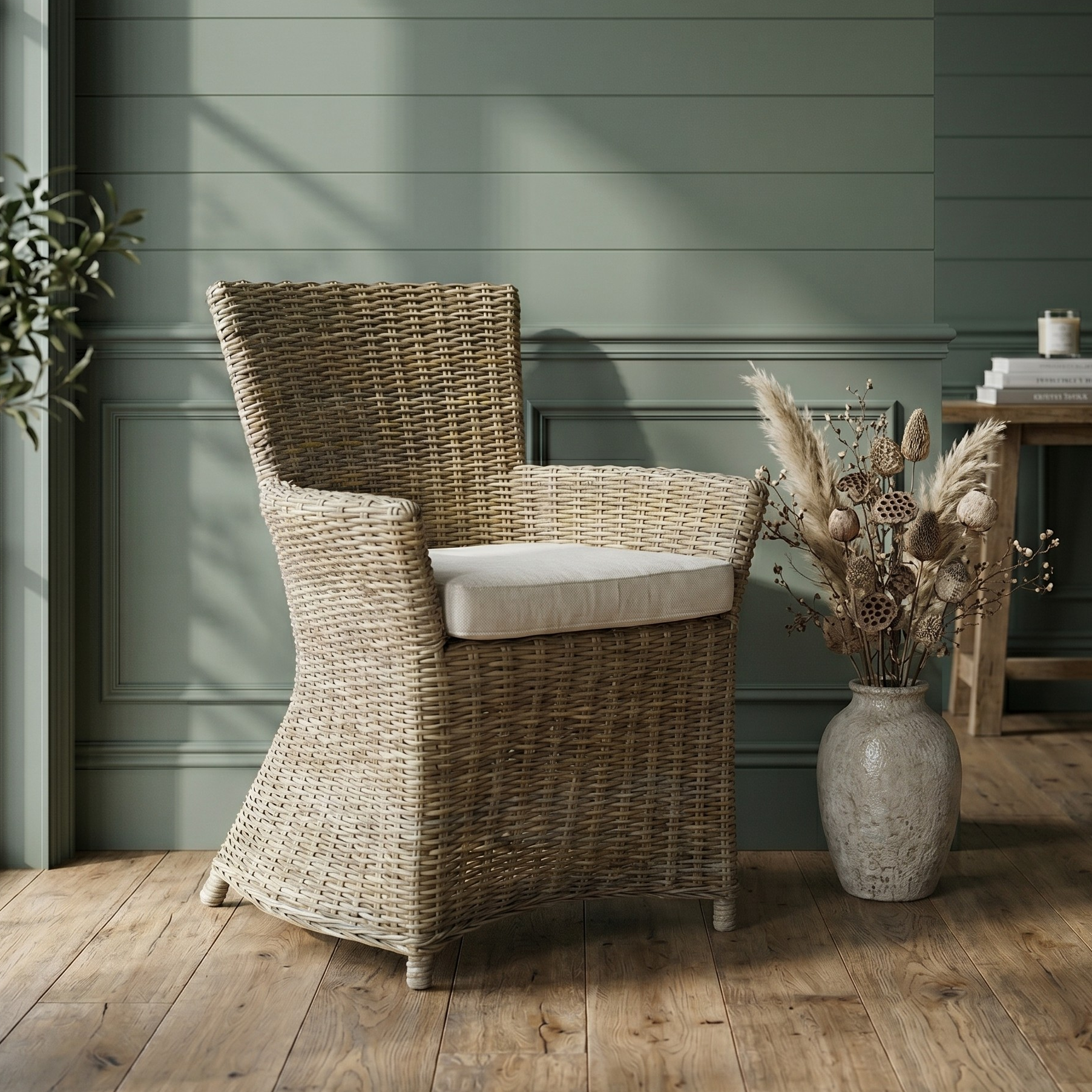 Wicker armchair with a cushion in a room with wooden flooring and green walls.