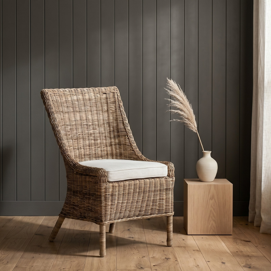 Wicker chair with white cushion next to a wooden side table with a vase and dried plants against a dark paneled wall.