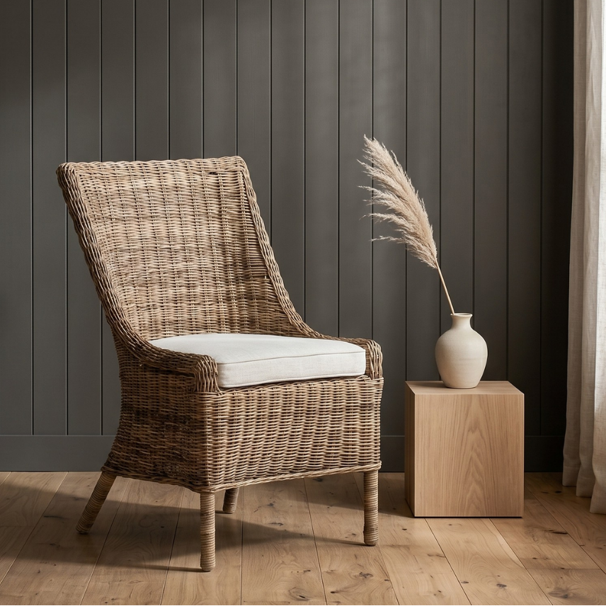 Wicker chair with white cushion next to a wooden side table with a vase and dried plants against a dark paneled wall.