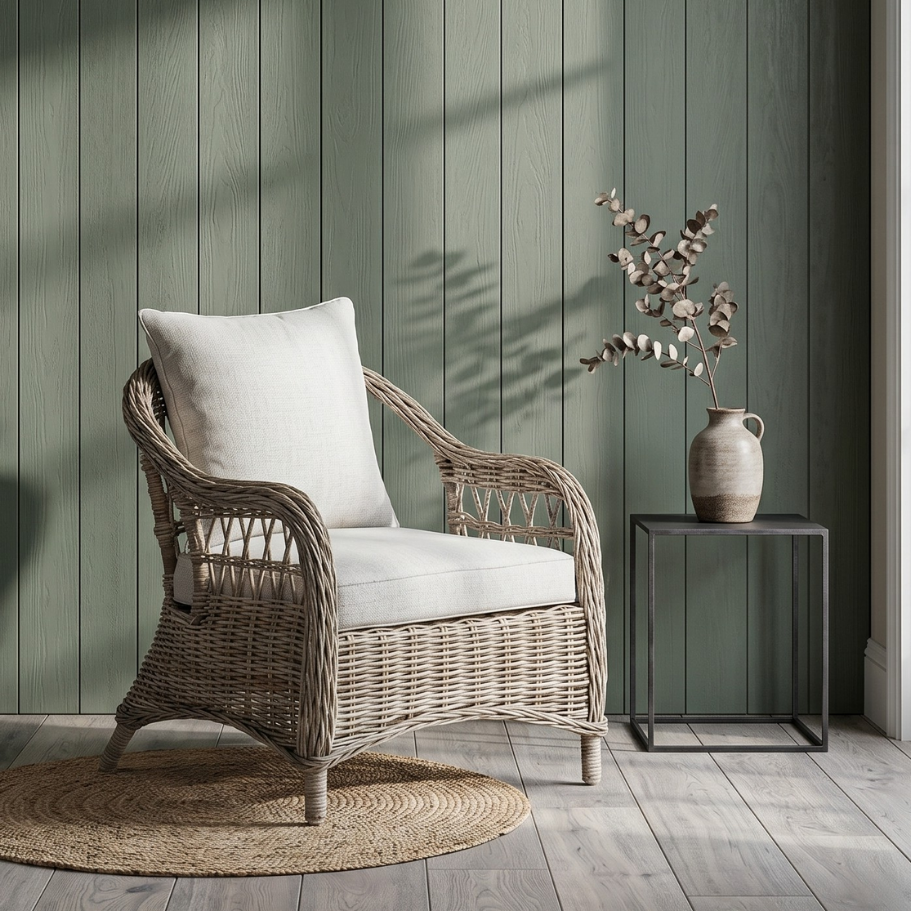 Wicker armchair with white cushion against a green paneled wall