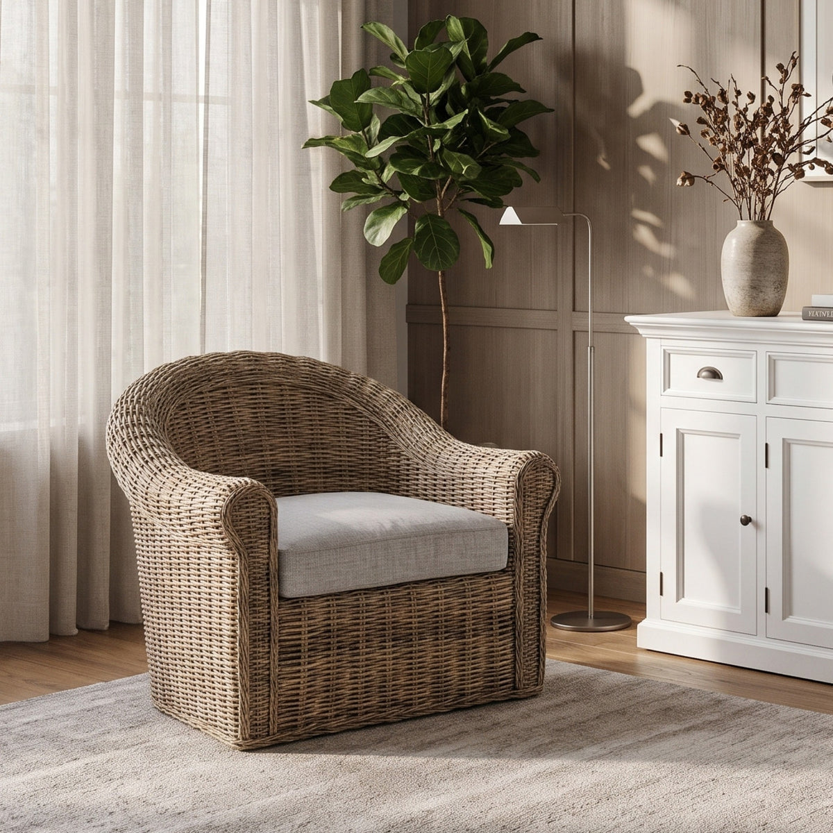 NovaSolo Wickerworks Aegean Chair, Natural Grey, styled in a room