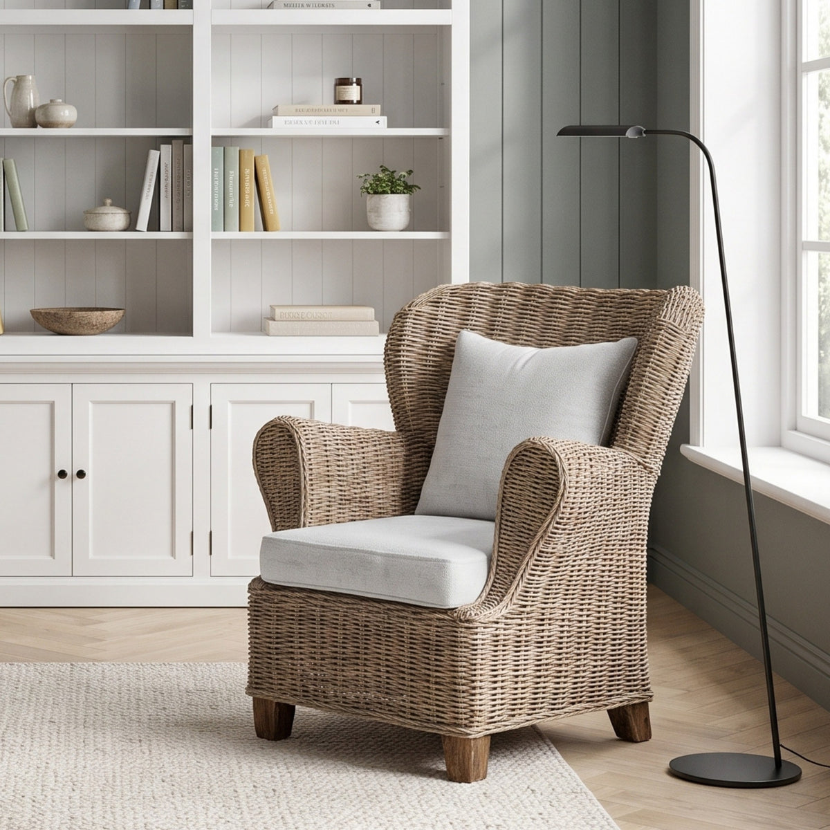 NovaSolo Wickerworks Sirocco Chair, Natural Grey, styled in a room