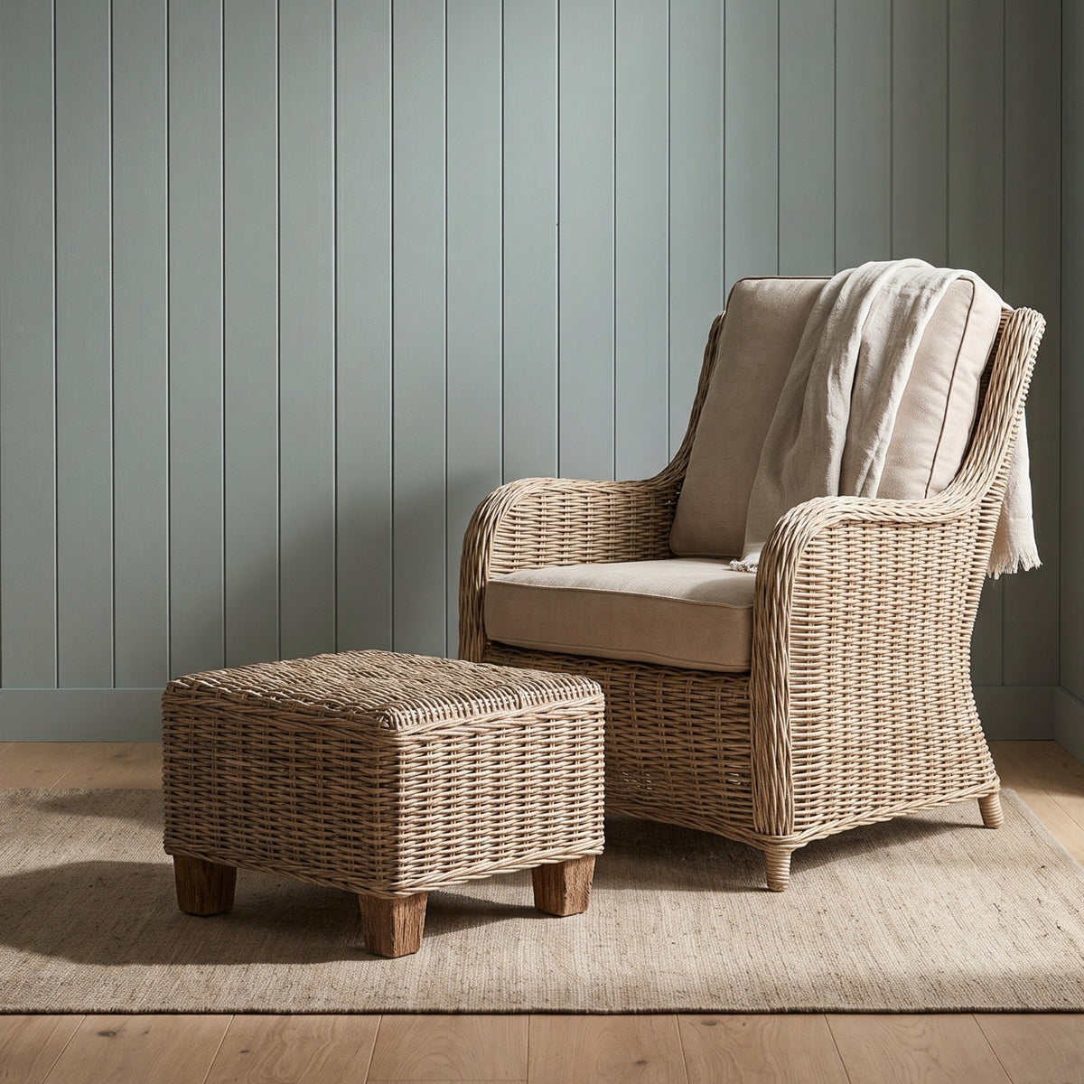 NovaSolo Wickerworks Capri Footrest, Natural Grey, styled in a room