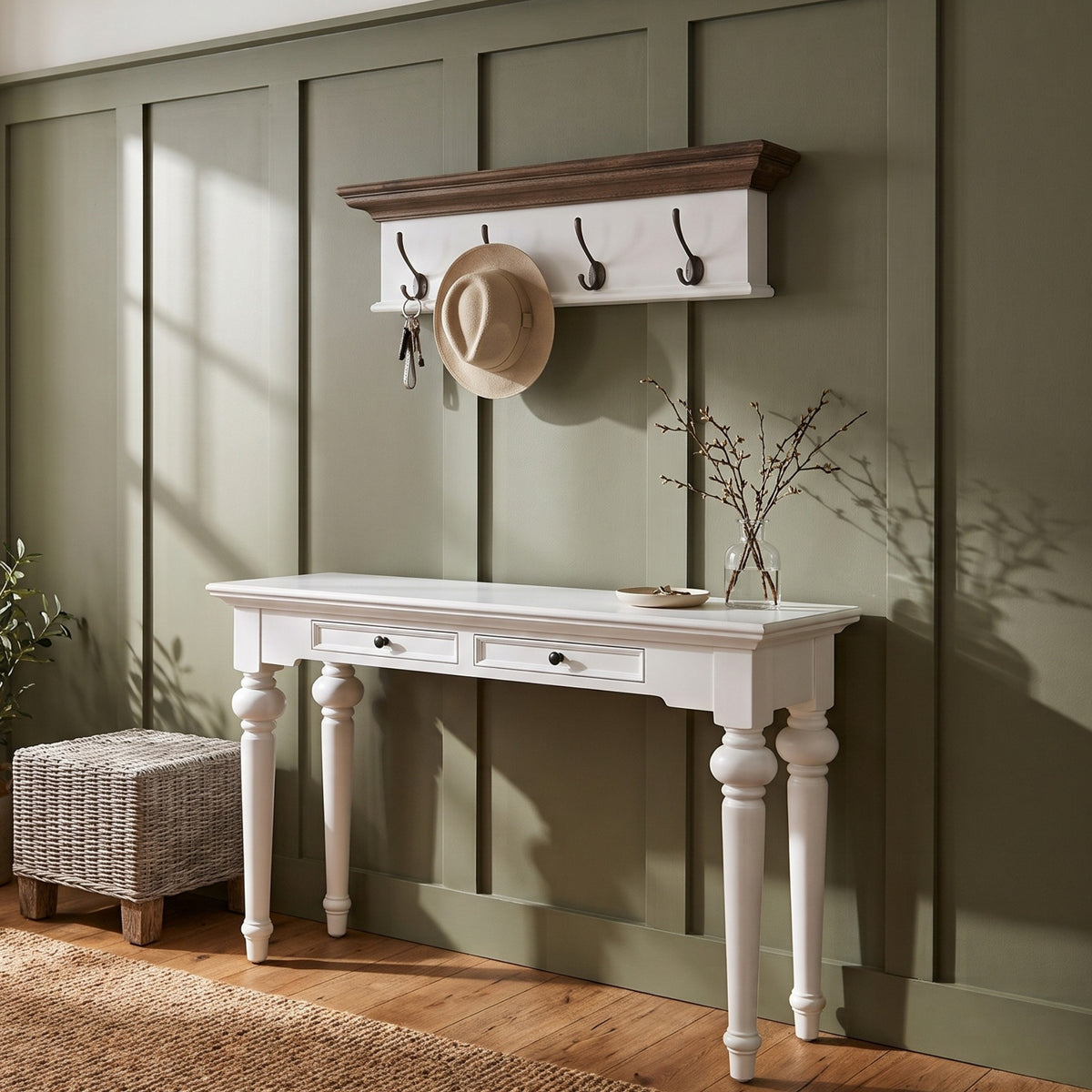 NovaSolo Corfu Coat Rack with 4 Hooks, Classic White & Dark Brown, styled in a room