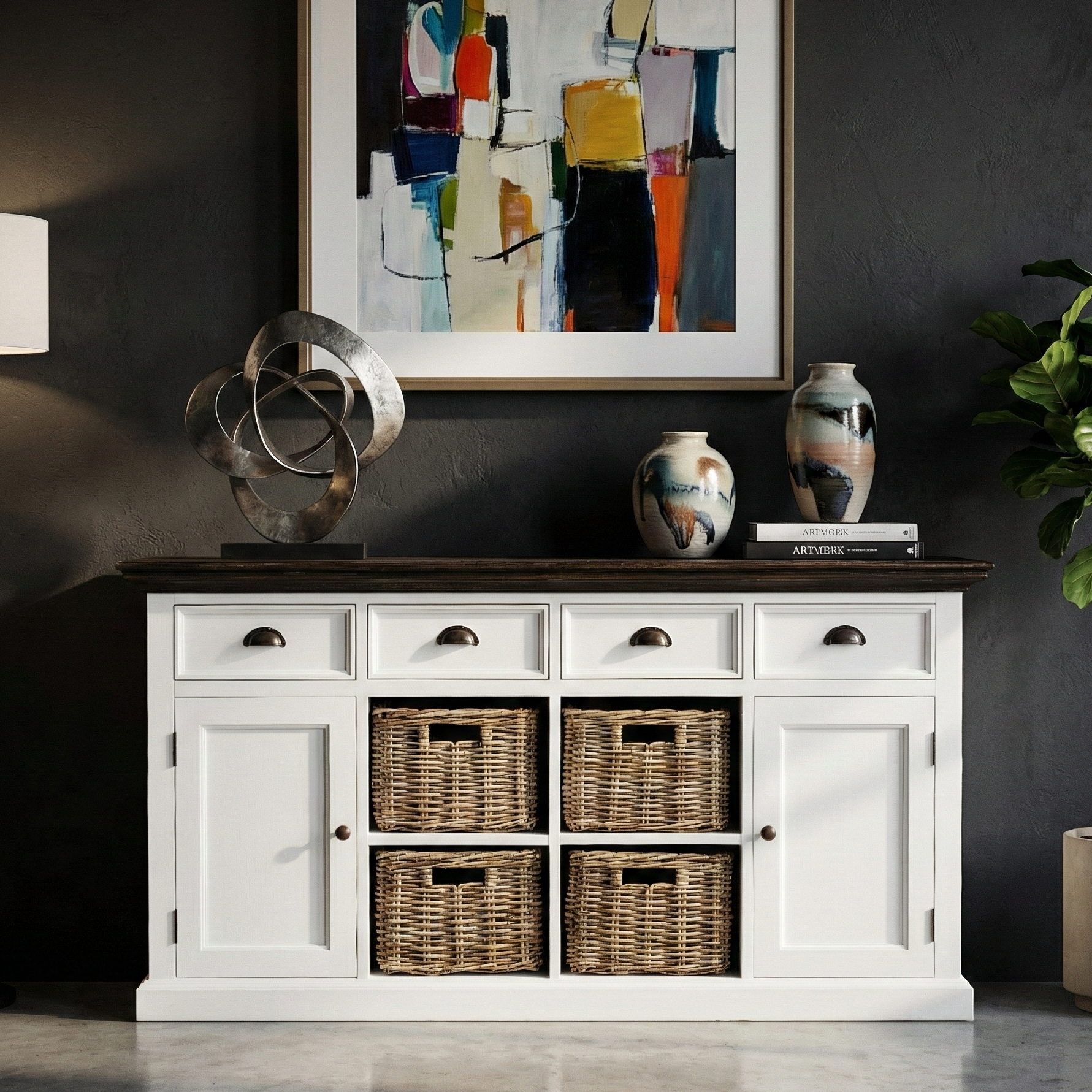 White sideboard with wicker baskets, decorative vases, and abstract art in a room.