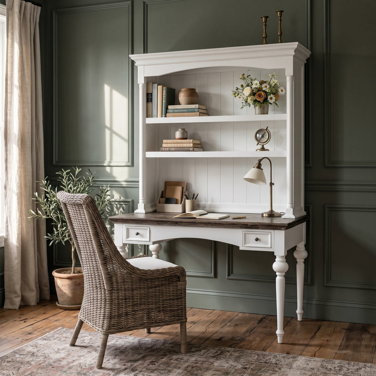 NovaSolo Corfu Provincial Secretary Desk with Hutch, Classic White & Dark Brown, styled in a room