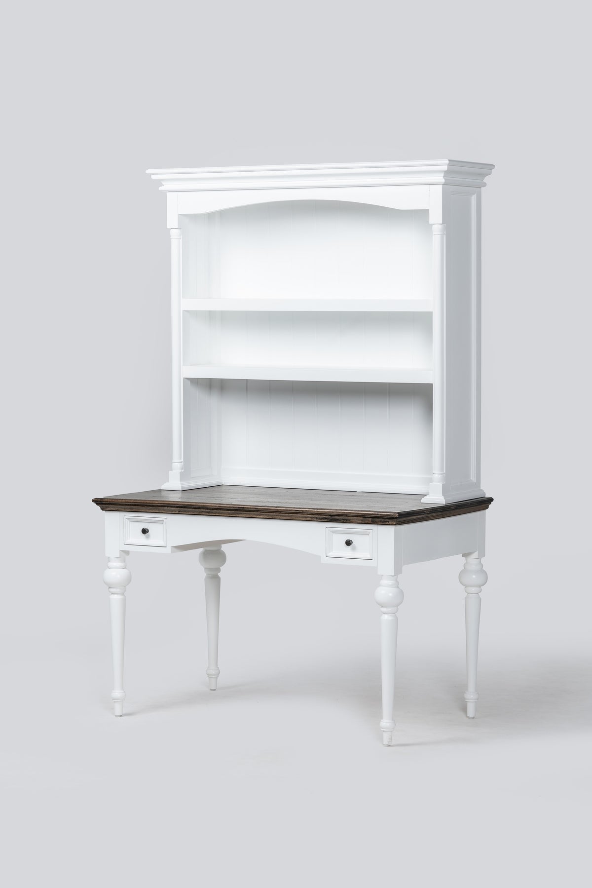 NovaSolo Corfu Provincial Secretary Desk with Hutch, Classic White & Dark Brown, studio view