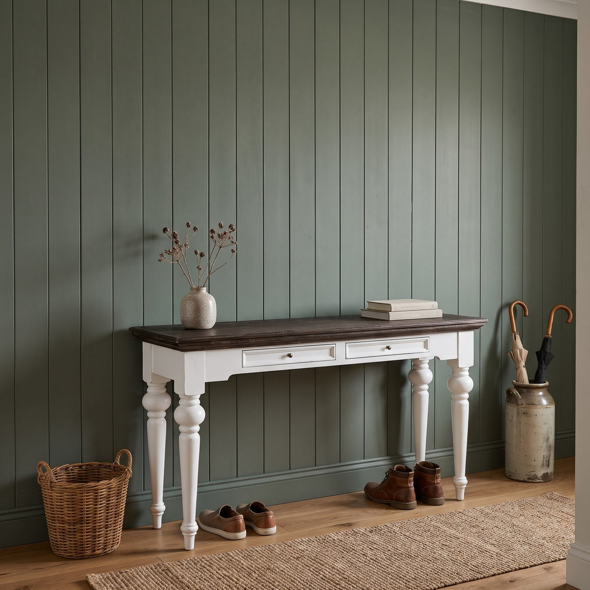 NovaSolo Corfu Console Table with 2 Drawers, Classic White & Dark Brown, styled in a room