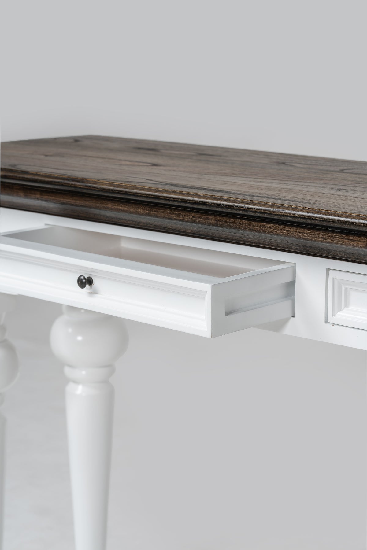 NovaSolo Corfu Console Table with 2 Drawers, Classic White & Dark Brown, close-up detail