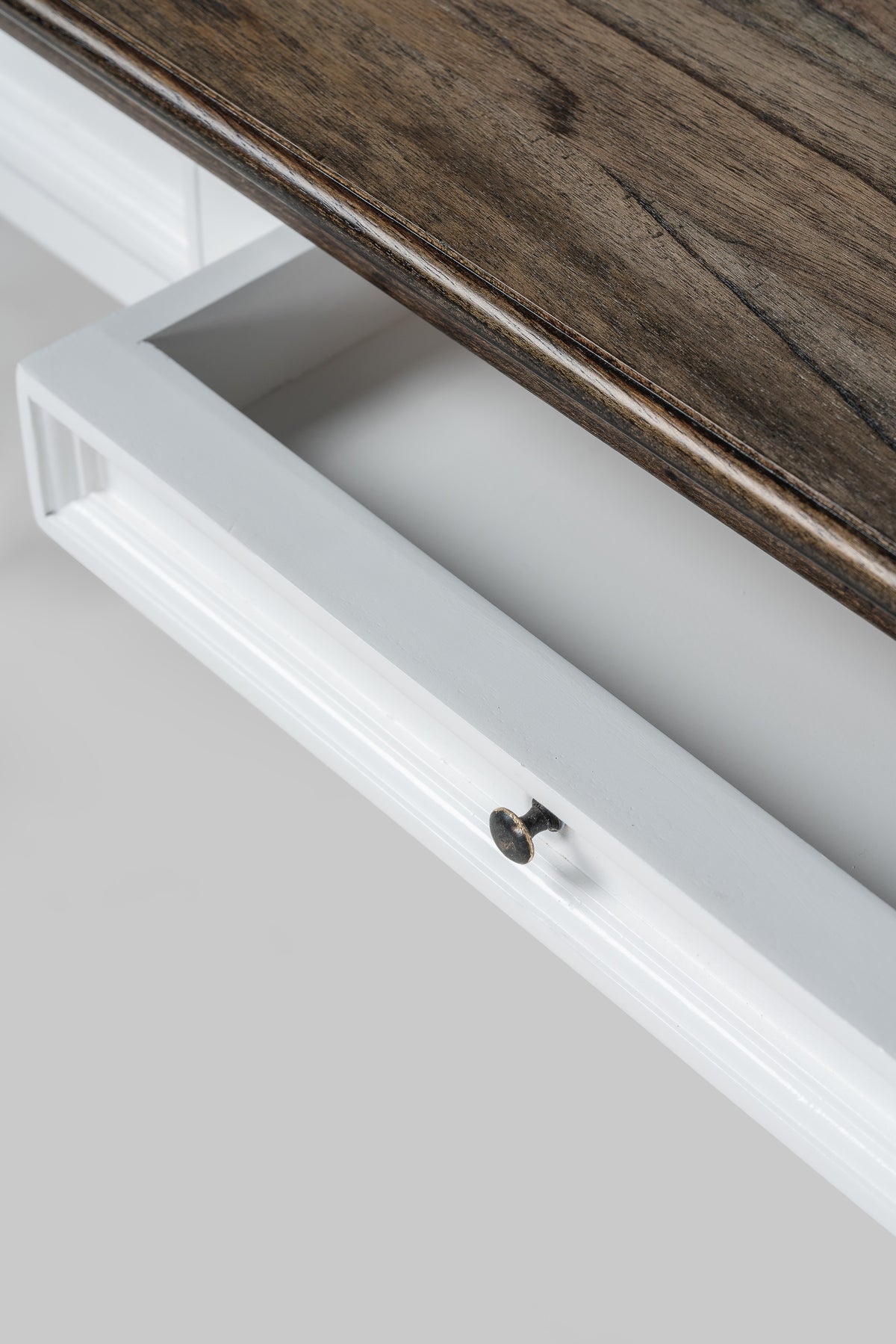NovaSolo Corfu Console Table with 2 Drawers, Classic White & Dark Brown, close-up detail