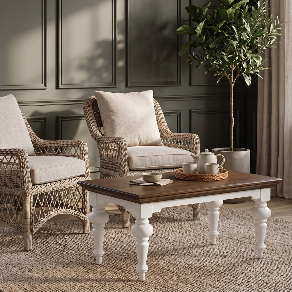 NovaSolo Corfu Provincial Rectangular Coffee Table, Classic White & Dark Brown, styled in a room