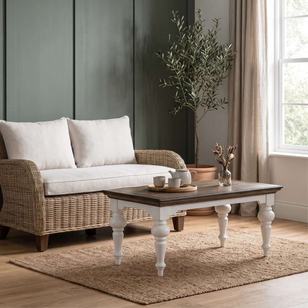 NovaSolo Corfu Provincial Rectangular Coffee Table, Classic White & Dark Brown, styled in a room